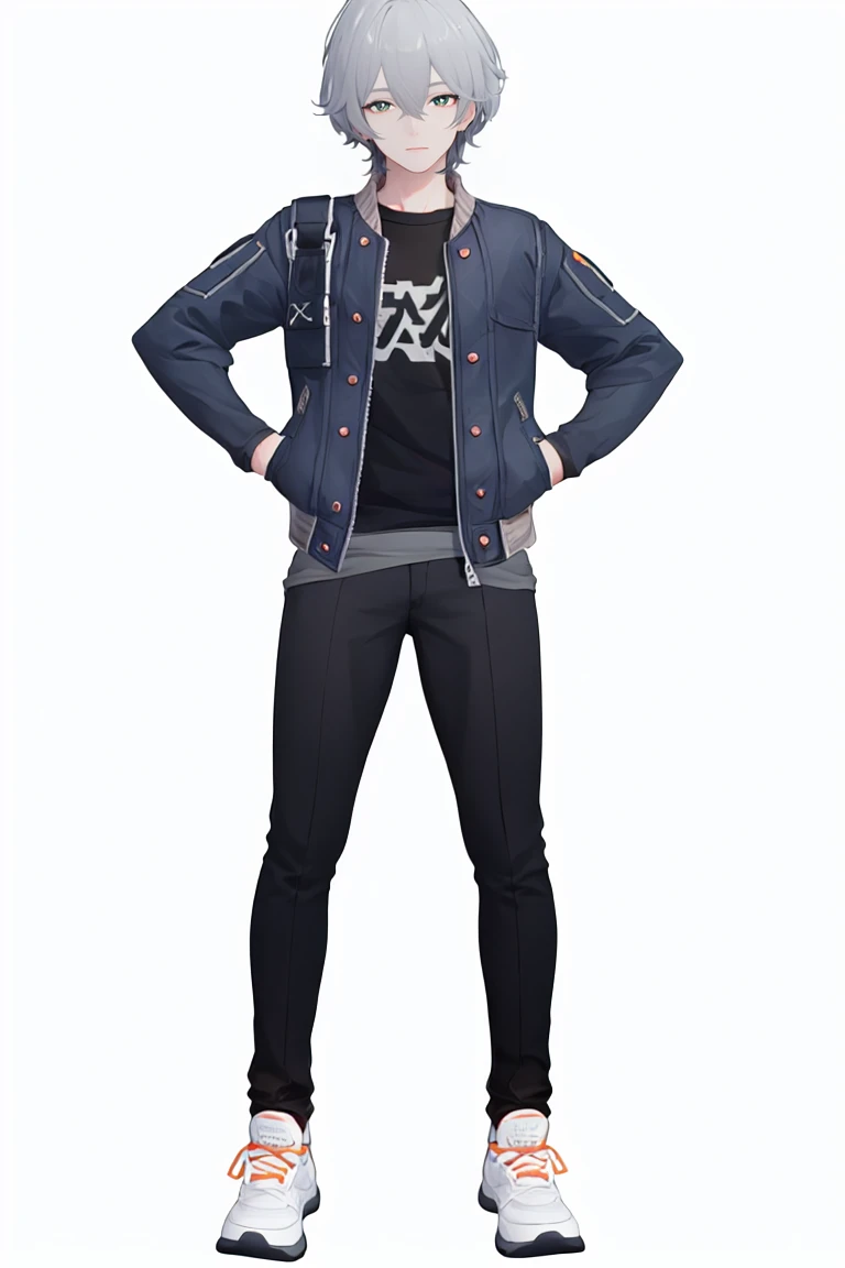 8k, best quality, masterpiece, (ultra-detailed), (high detailed skin),
(full body:1.25), (white background:1.5), (simple background), standing, looking at viewer, (solo:1.2), hands on hips,
<lora:zhe-lin-sd-Tanger:0.8>, zhe, zhe's clothes, 1boy, solo, male focus, jacket, sneakers, grey hair, pants, detailed eyes, green pupils,