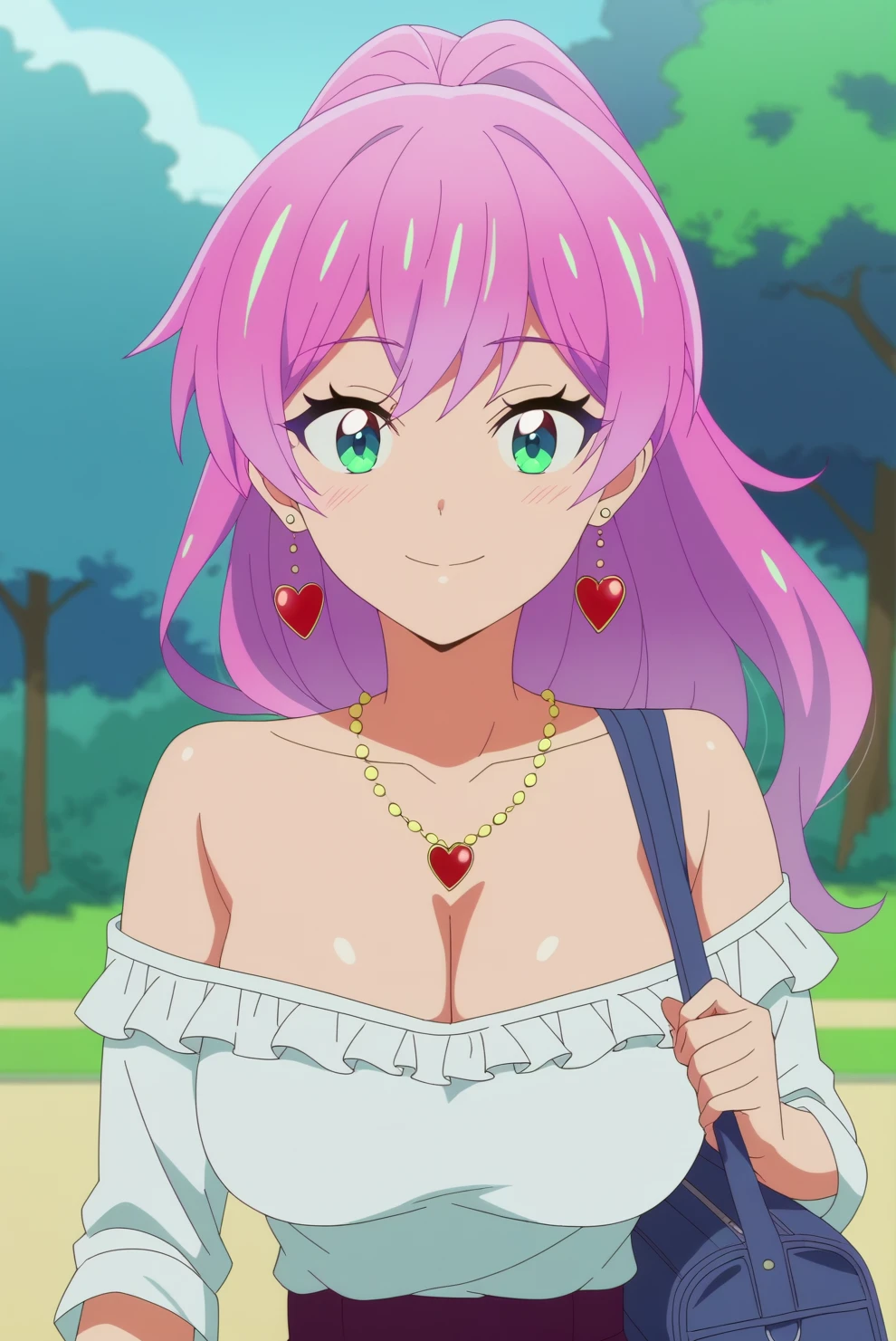 score_9, score_8_up, score_7_up, anime screencap,source_anime, anime coloring,anime screencap, consistent background, 1girl, akari watanabe,mature,pink hair, multicolored eyes, earrings,jewelry, breasts, necklace, long hair, smile, shirt, pink hair, cleavage, off-shoulder shirt, outdoors, solo focus, bare shoulders, off shoulder, white shirt, looking at viewer, heart necklace, upper body, collarbone, green eyes, ponytail, bag, heart earrings, tree, closed mouth, frilled shirt<lora:Akari Watanabe_epoch_1.safetensors:1>