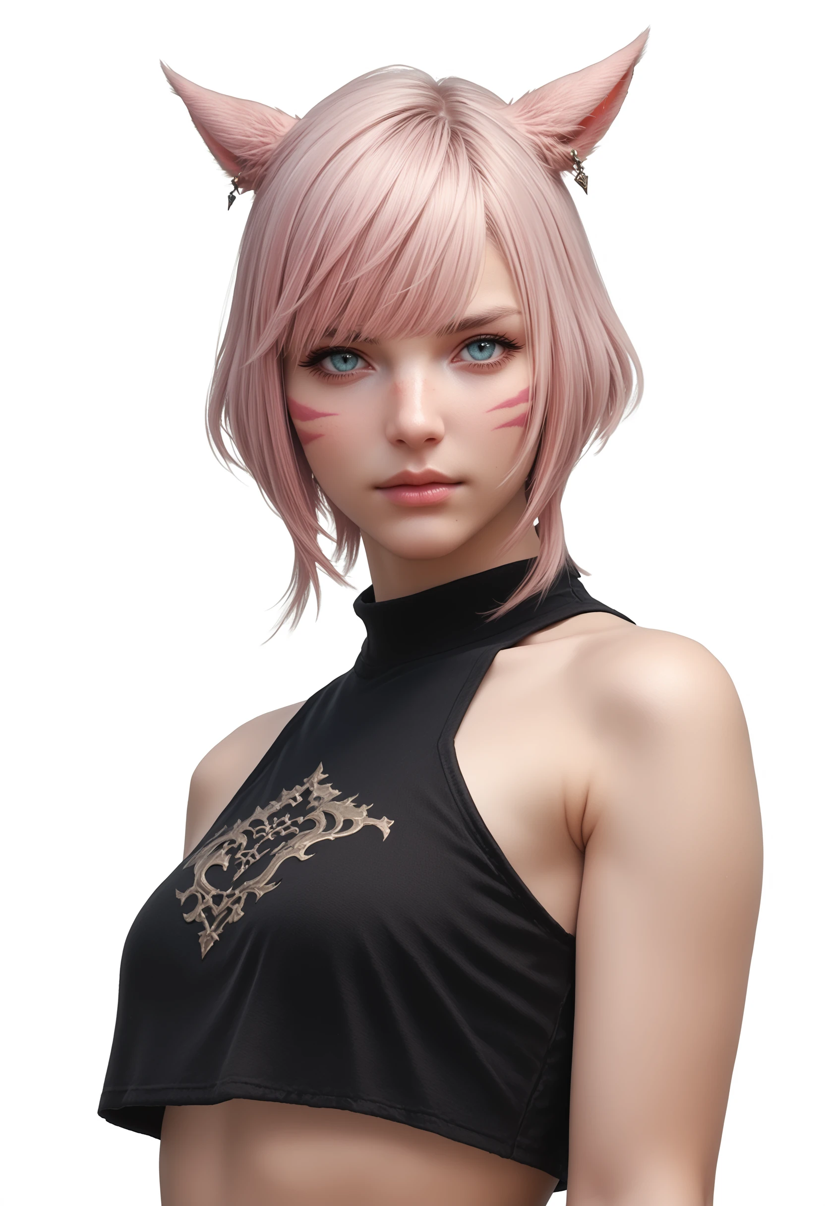 1girl, solo, animal ears, short hair, miqo'te, cat ears, white background, simple background, upper body, facial mark, lips, looking at viewer, pink hair, bare shoulders, black shirt, crop top, final fantasy xiv, fantasy,  PonyXLV6_Scores