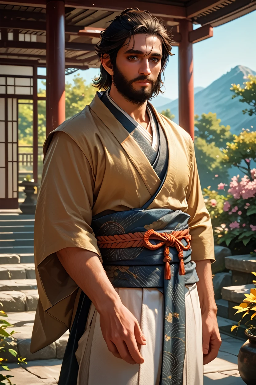 score_9, score_8_up, score_7_up, score_6_up
<lora:ACMBasim:1.0>
ACMBasim, 1boy, black hair, brown eyes, beard, looking at viewer, dressed in a kimono, standing gracefully in a serene Japanese garden