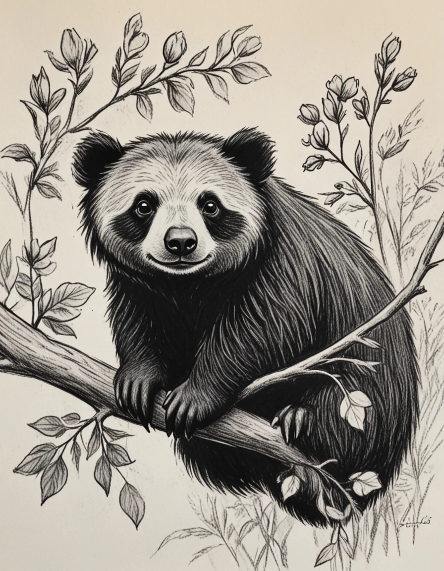 novuschroma71 sloth bear on a branch with flowers  charcoal drawing <lora:novuschroma71 style:1>, <lora:sdxl_lightning_8step_lora:1>