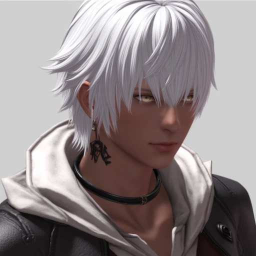 alsdriaxiv, solo, tattoo, 1boy, white hair, male focus, choker, neck tattoo, realistic, upper body, dark skin, closed mouth, fantasy, final fantasy xiv, hyur, Thancred