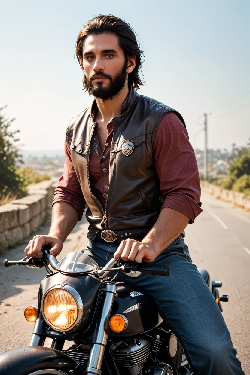 score_9, score_8_up, score_7_up, score_6_up
<lora:ACMBasim:1.0>
ACMBasim, 1boy, black hair, brown eyes, beard, looking at viewer, sitting on a vintage motorcycle, with an open road stretching into the distance