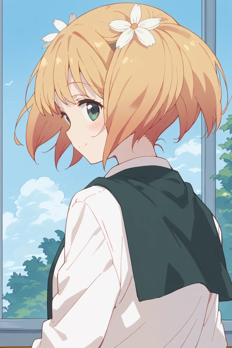 score_9, score_8_up, score_7_up, score_6_up, 
 <lora:Yuu_Sonoda:1> yuu, 1girl, solo, hair flower, flower, hair ornament, twintails, green eyes, blonde hair, smile, looking back, school uniform, blush, short hair, looking at viewer