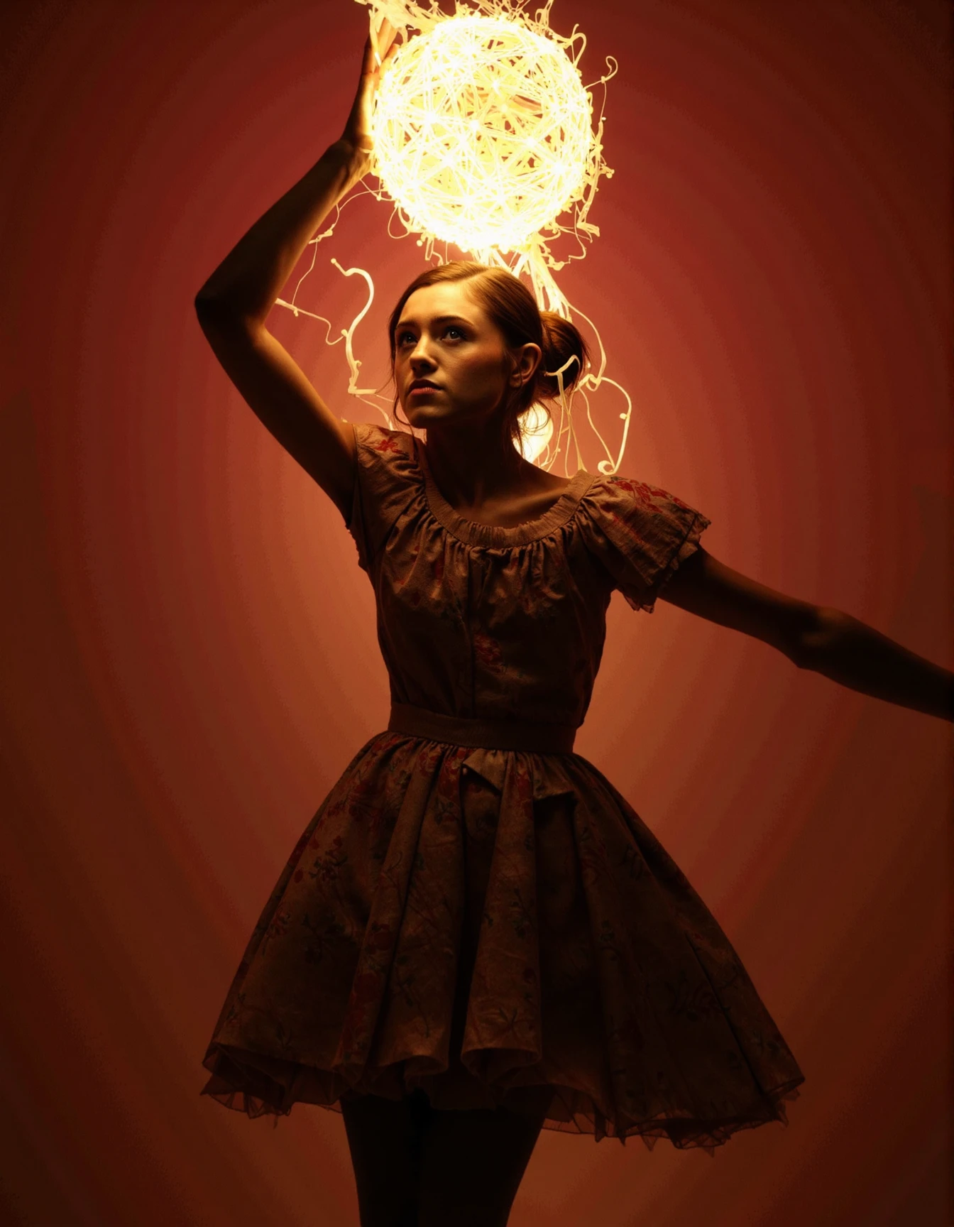 beautiful natalia dyer  doing an epic dance with a ball of fire, art by ilya kuvshinov and lois van baarle ross tran trending on deviantart pinterest hyper detailed photorealistic highlights & shadow hd 8k post-processing high resolution award winning photography portrait cinematic lightning lighting chiaroscuro composition 85mm f1.4 dg os r lens in the style alphonse mucho le ,  <lora:natalia_dyer_flux_lora_v1:1>