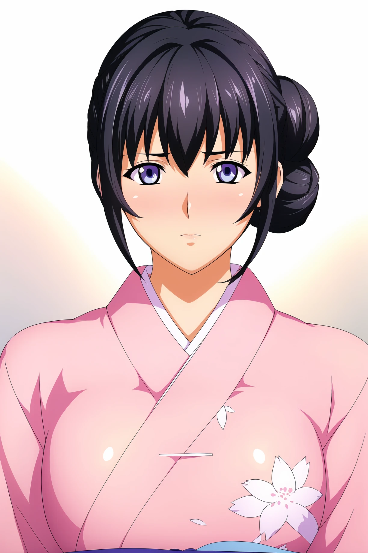 Simple Background,(White_Background:1.1),
dynamic pose,standing at attention,
pink kimono,japanese clothes, long sleeves, wide sleeves, 
<lora:Yukino_Chitose_HitouMeguri-KK77-V1:0.7>,floral print, 
blue eyes, black hair,bangs,Short hair,hair bun,
<lora:more_details:0.1>,<lora:NovelAI_YesMix5_KKStyle-KK77-Yes5-V1:0.3>,<lora:Oda_Non_Style2-KK77-Yes5-V1:0.3>,
1 girl, 20yo,Young female,Beautiful long legs,Beautiful body,
Beautiful Nose,Beautiful character design, perfect eyes, perfect face,expressive eyes,perfect balance,
looking at viewer,(Focus on her face),closed mouth, (innocent_big_eyes:1.0),(Light_Smile:0.3),
official art,extremely detailed CG unity 8k wallpaper, perfect lighting,Colorful, Bright_Front_face_Lighting,White skin,
(masterpiece:1.0),(best_quality:1.0), ultra high res,4K,ultra-detailed,
photography, 8K, HDR, highres, absurdres:1.2, Kodak portra 400, film grain, blurry background, bokeh:1.2, lens flare, (vibrant_color:1.2),professional photograph,
(Beautiful,large_Breasts:1.4), (beautiful_face:1.5),(narrow_waist),