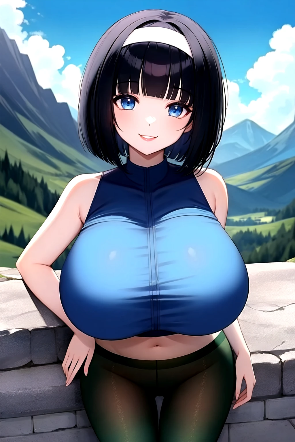 <lora:clrpantyhose:0.6>, pantyhose, green pantyhose, bob cut, black hair, blunt bangs, blue eyes, hairband, blue crop top, huge breasts, smile, lips, midriff, sleeveless, outdoors, mountain