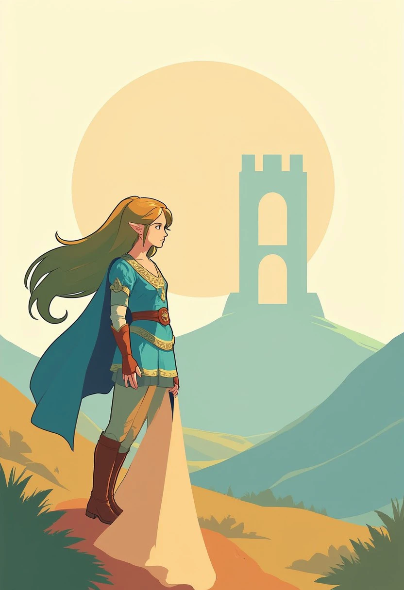 a minimal1st drawing of a faceless princess Zelda, with a flat color castle in the background