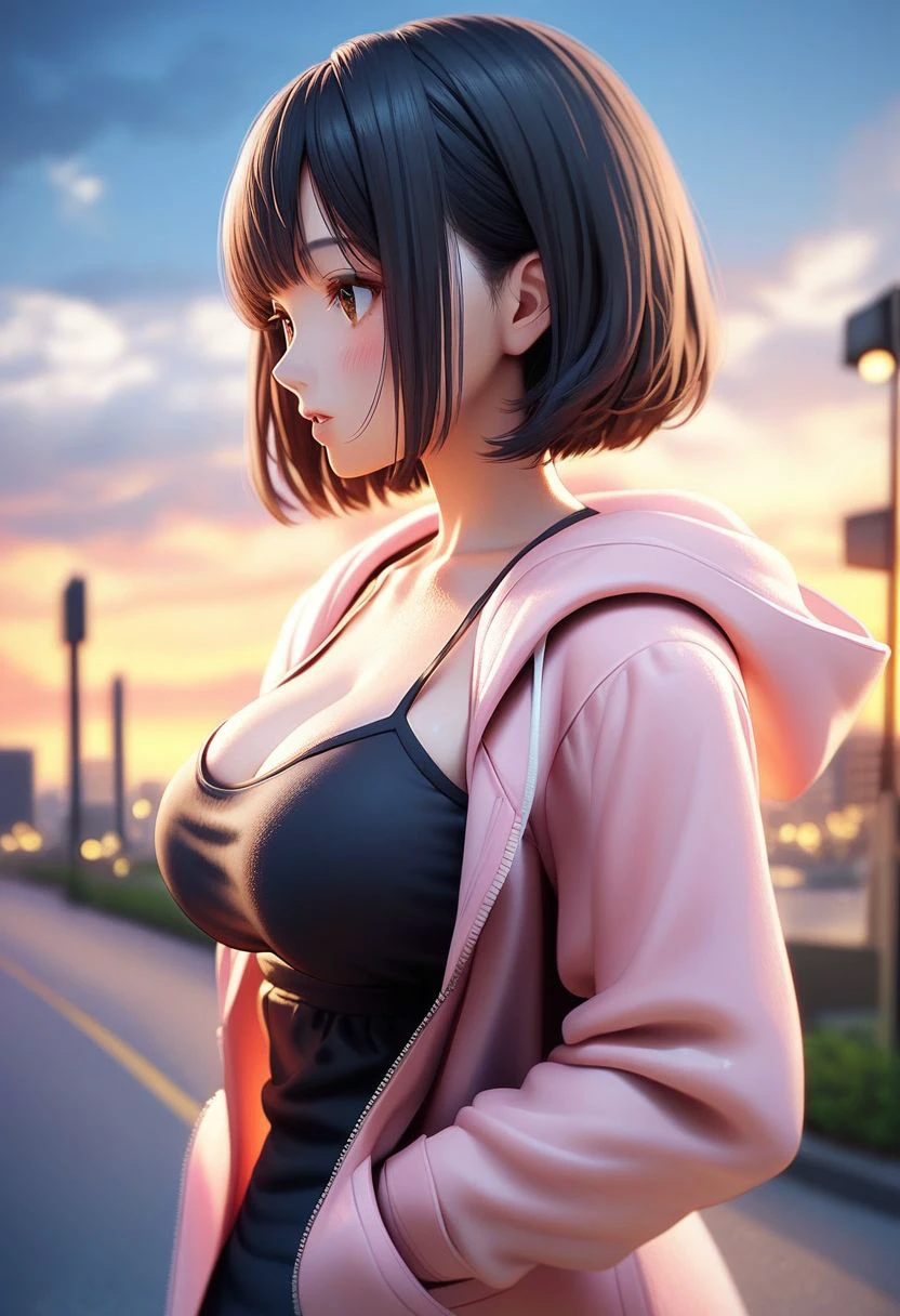 score_9, score_8_up, score_7_up, score_6_up, source_anime, <lora:FIG 0.1v:1>, fig, figurine,
1girl, solo, outdoors, hood, jacket, blush, short hair, hood down, open clothes, hooded jacket, black hair, sky, lamppost, pink jacket, upper body, sunset, open jacket, bangs, blurry, hoodie, blurry background, building, city, camisole, black camisole, parted lips, from side, long sleeves, road, breasts, cloud, brown eyes, collarbone, large breasts, water, cleavage, bob cut,