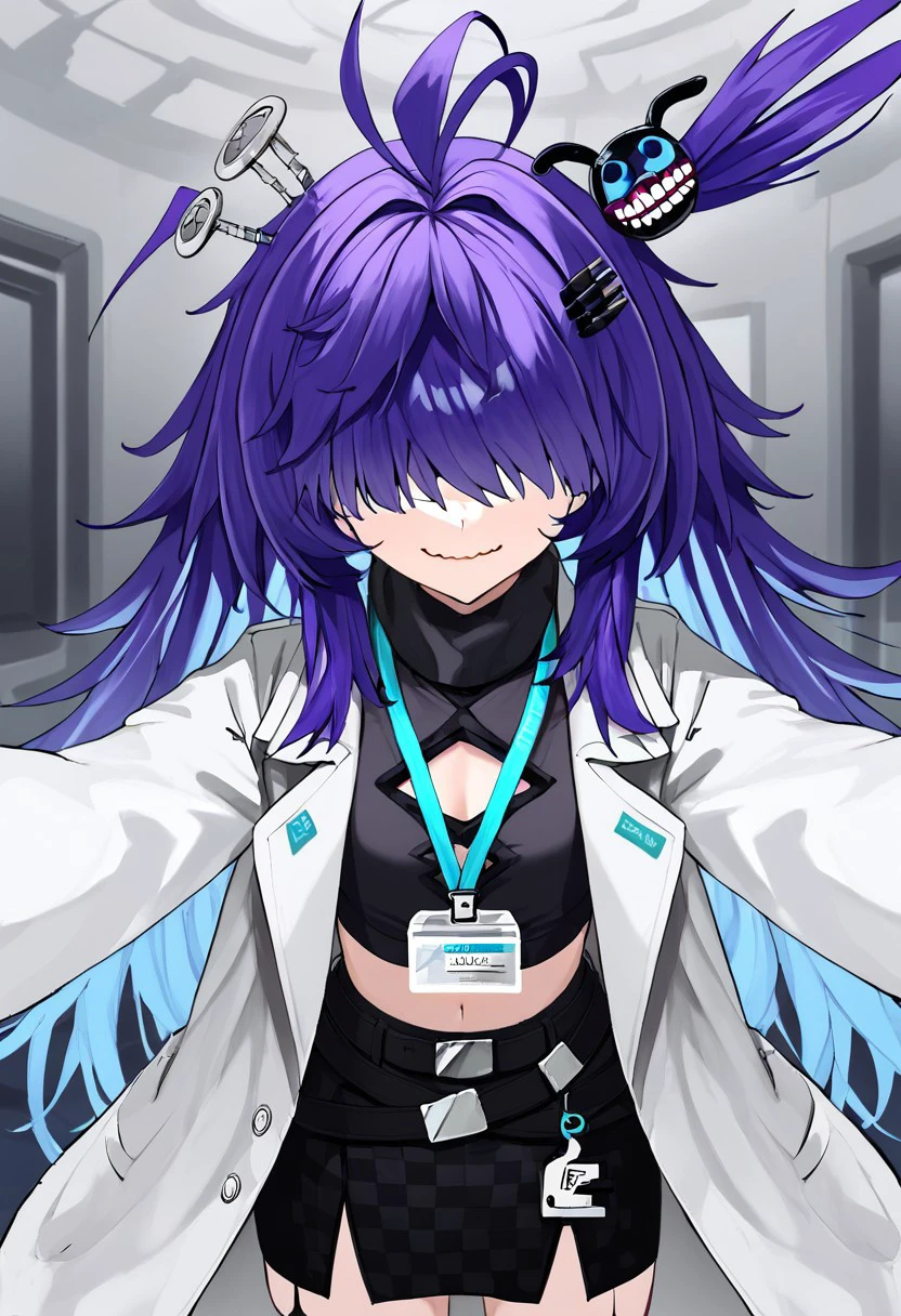 1girl, solo, highres, Dr.NOVA(e), long hair, purple hair, hair ornament, blue eyes, blue hair, antenna hair, bangs, gradient hair, ahoge, hair over eyes,
black skirt, black shirt, midriff, id card, belt, crop top, clothing cutout,
labcoat, long sleeves, sleeves past fingers, white coat,
smile, wavy mouth,
outstretched arms, 
laboratory,