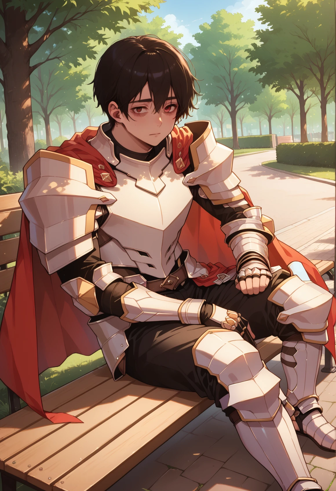 1boy, solo, armor, kim_minsu, short hair, red cape, armor, shoulder armor, <lora:kim_minsu, -000017:1>, park, tree,  sitting on bench, score_9, score_8_up, score_7_up, score_6_up