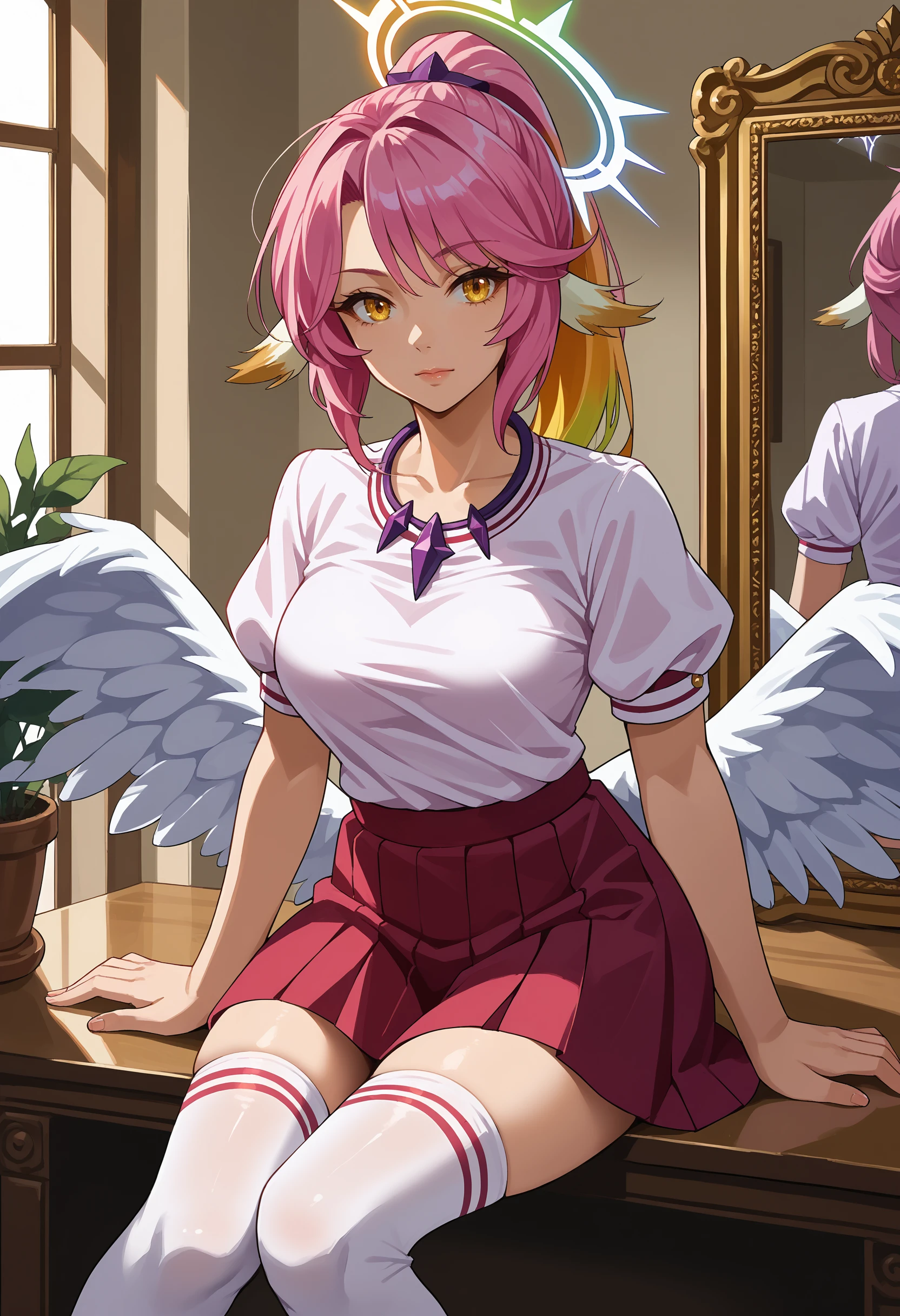 score_9, score_8_up, score_7_up, source_anime, <lora:wrenchNGNLJibril_1:1>, wrnchngnljbrl, pink hair, compass rose halo, feathered wings, low wings, bird ears, white wings, yellow eyes, 
large breasts, multicolored hair, gradient hair, 
1girl, contemporary, jewelry, mirror, necklace, ponytail, puffy short sleeves, puffy sleeves, short hair, short sleeves, sitting, skirt, solo, thighhighs, white thighhighs, zettai ryouiki,