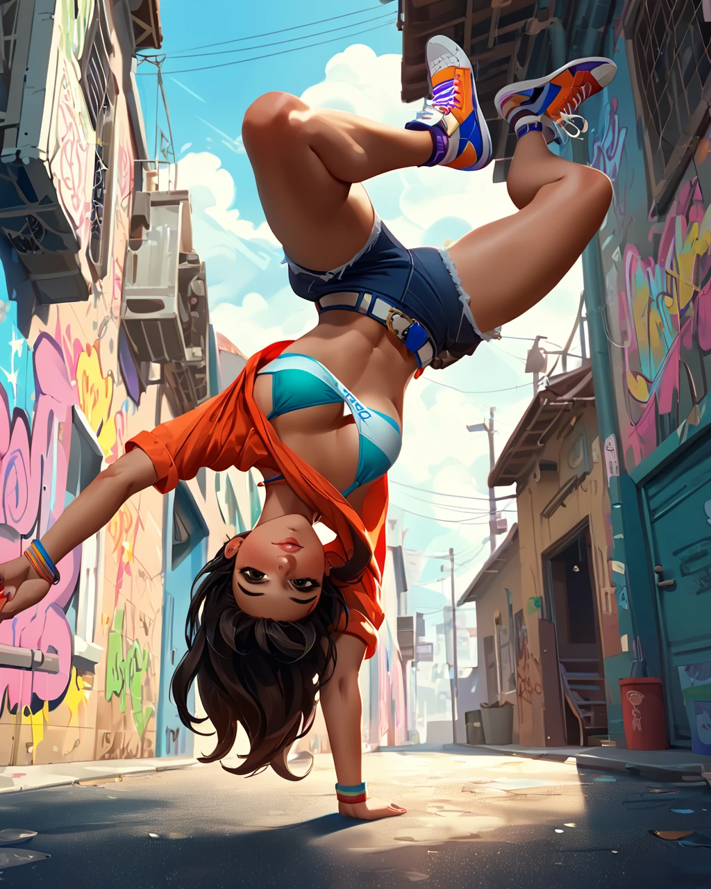 score_9, score_8_up, score_7_up, vibrant color, 1girl, <lora:bdancepxl:0.8>, bdancepxl, doing a handstand, one-handed, breakdance pose, motion,  bikini, spread legs, looking at viewer, upside down, shirt falling down, comic book, best quality, masterpiece, alley, hip-hop, graffiti, sneakers, bare legs, motion, motion lines,