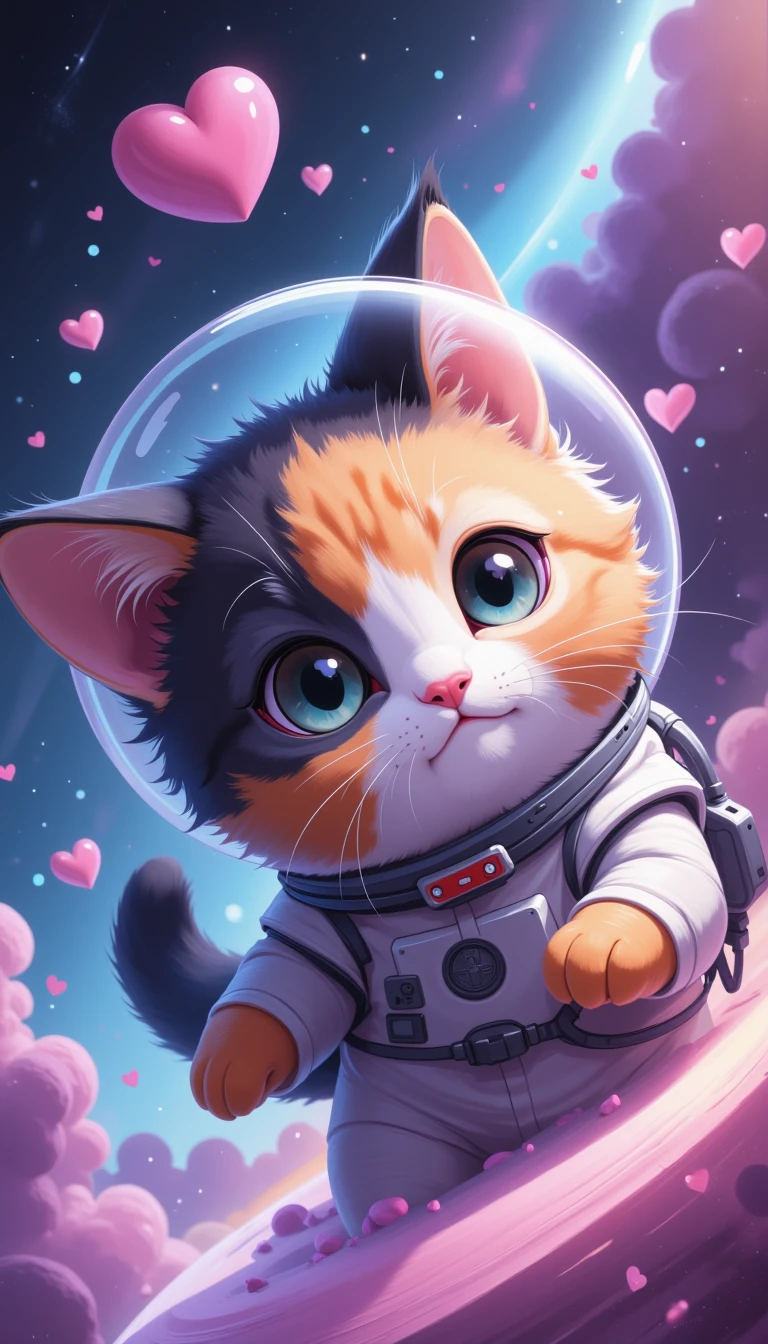 Digital painting, whimsical, fantastical, heart-warming, pastel color palette, soft light, outer space, galaxy, stars, planets, floating hearts, transparent thread connecting hearts, adorable curious calico cat, exploring, playful, wide-eyed, innocent, detailed fur, detailed background, nebulae, astronaut helmet, space suit, floating, zero gravity, dreamy, magical, illustration, artstation, concept art, surreal, imaginative, creative