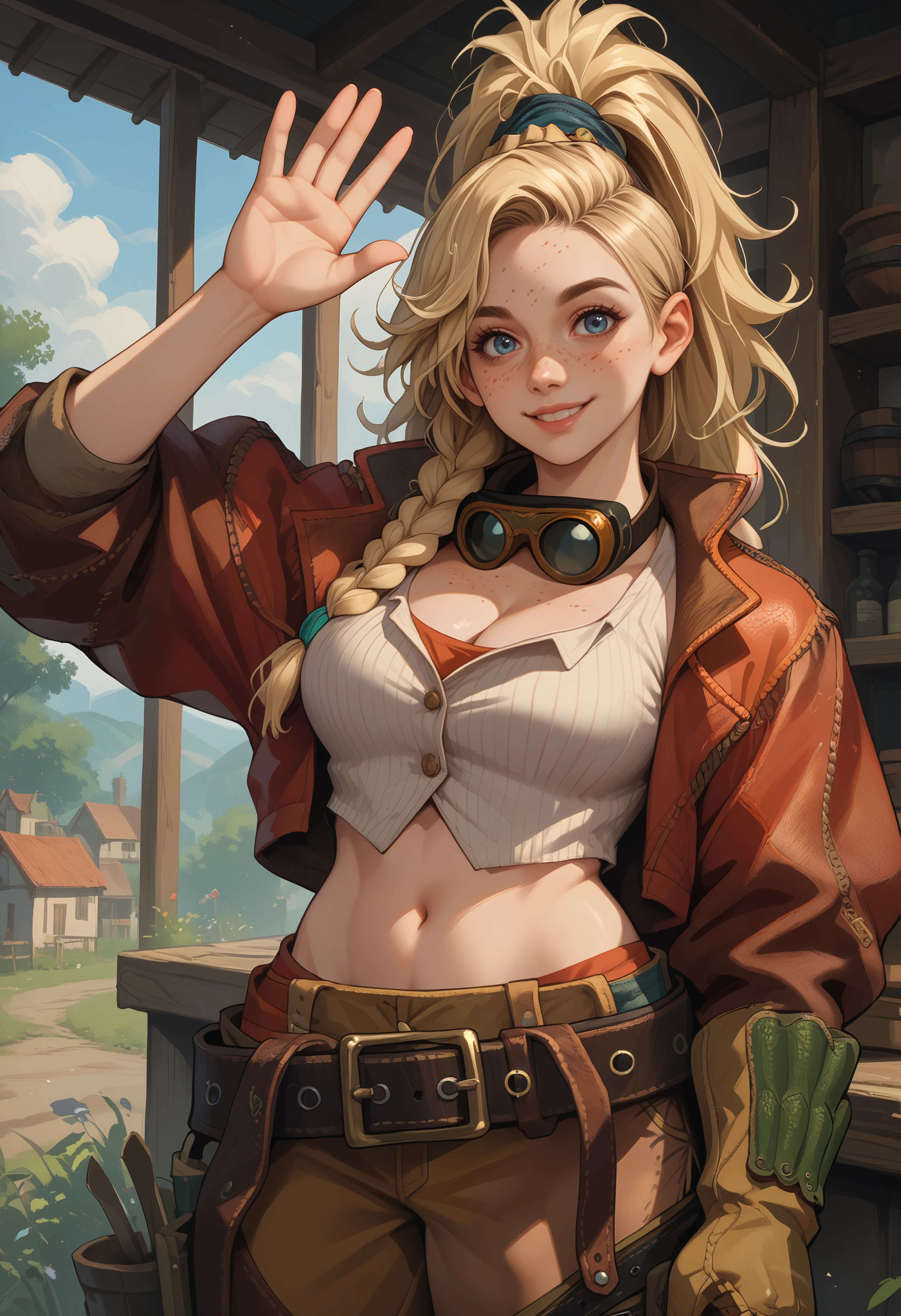 score_9, score_8_up, score_7_up, source_anime, solo, 1girl, mhGemma, blonde hair, long hair, high ponytail, braid, blue eyes, freckles, goggles around neck, red jacket, crop top, single gauntlet, tool belt, brown pants, chaps, large breasts, cleavage, midriff, upper body, smile, standing, looking at viewer, waving <lora:clamMHGemmaPD_v10:1>