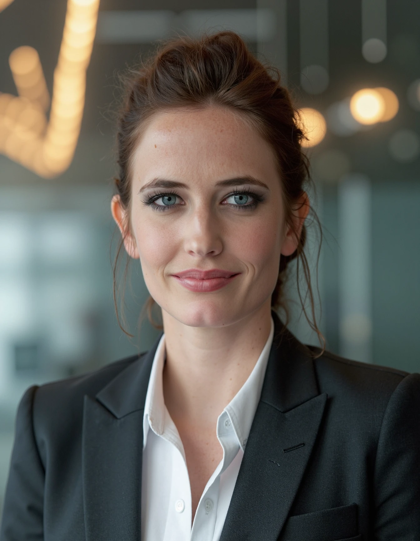 Mid-shot portrait of a beautiful woman eva gren  in an hi tech office with blazer and a shirt under   <lora:eva_green_flux_lora_v1_000001200:1>