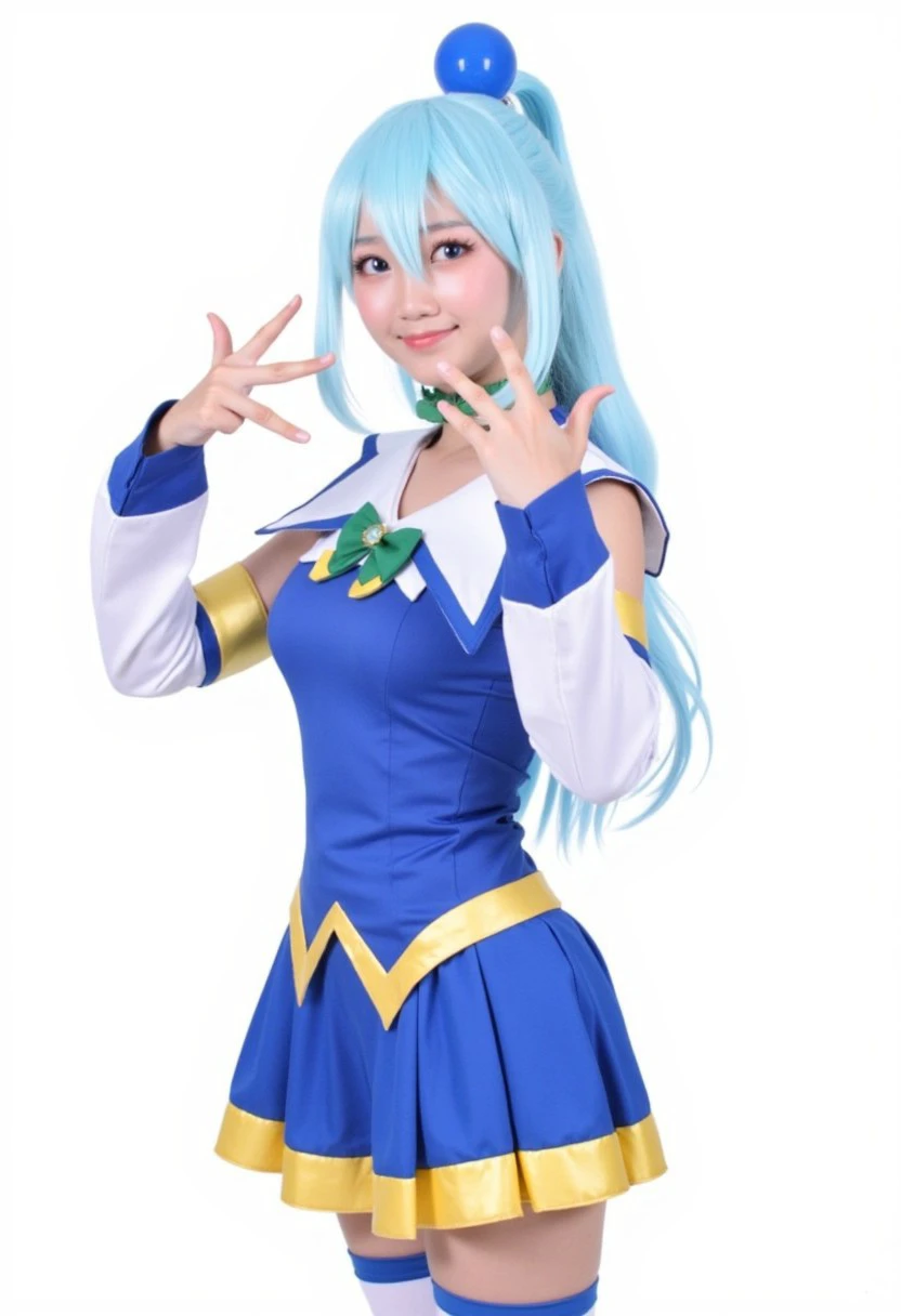 Aqua, 1girl, long blue hair, tied in a high ponytail with a spherical blue accessory. She wears a form-fitting blue and white outfit with gold accents. Her dress features a blue bodice with a white trim, paired with a short skirt with gold detailing and she wears thigh-high socks. Her playful, as she gestures and smiles engagingly at the viewer.