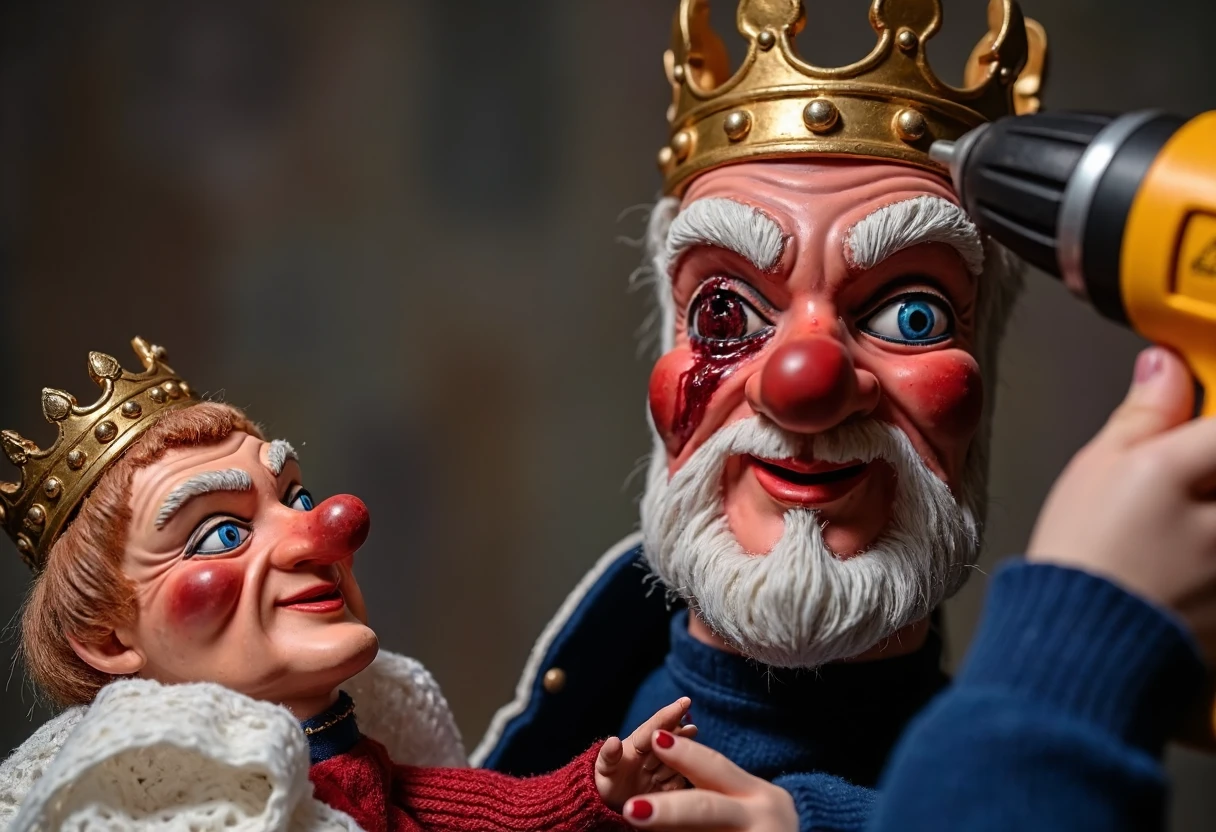 a creepy doll holding a power drill is threatening a shrunken frail old white bearded crowned king doll with the drill. The miniscule king is scared and covered in blood having been drilled into several times already including his left eye which is now a bloody hole. The doll is twice his size