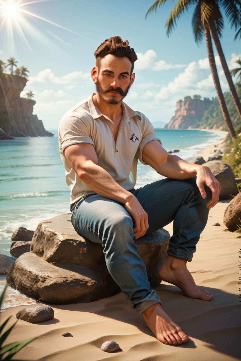 score_9, score_8_up, score_7_up, score_6_up
<lora:ACStarrick:1.0>
ACStarrick, 1boy, brown hair, beard, looking at viewer, male model in a white t-shirt, sitting on a beachside rock, jeans rolled up, barefoot, gazing at the horizon, soft sunlight, serene expression