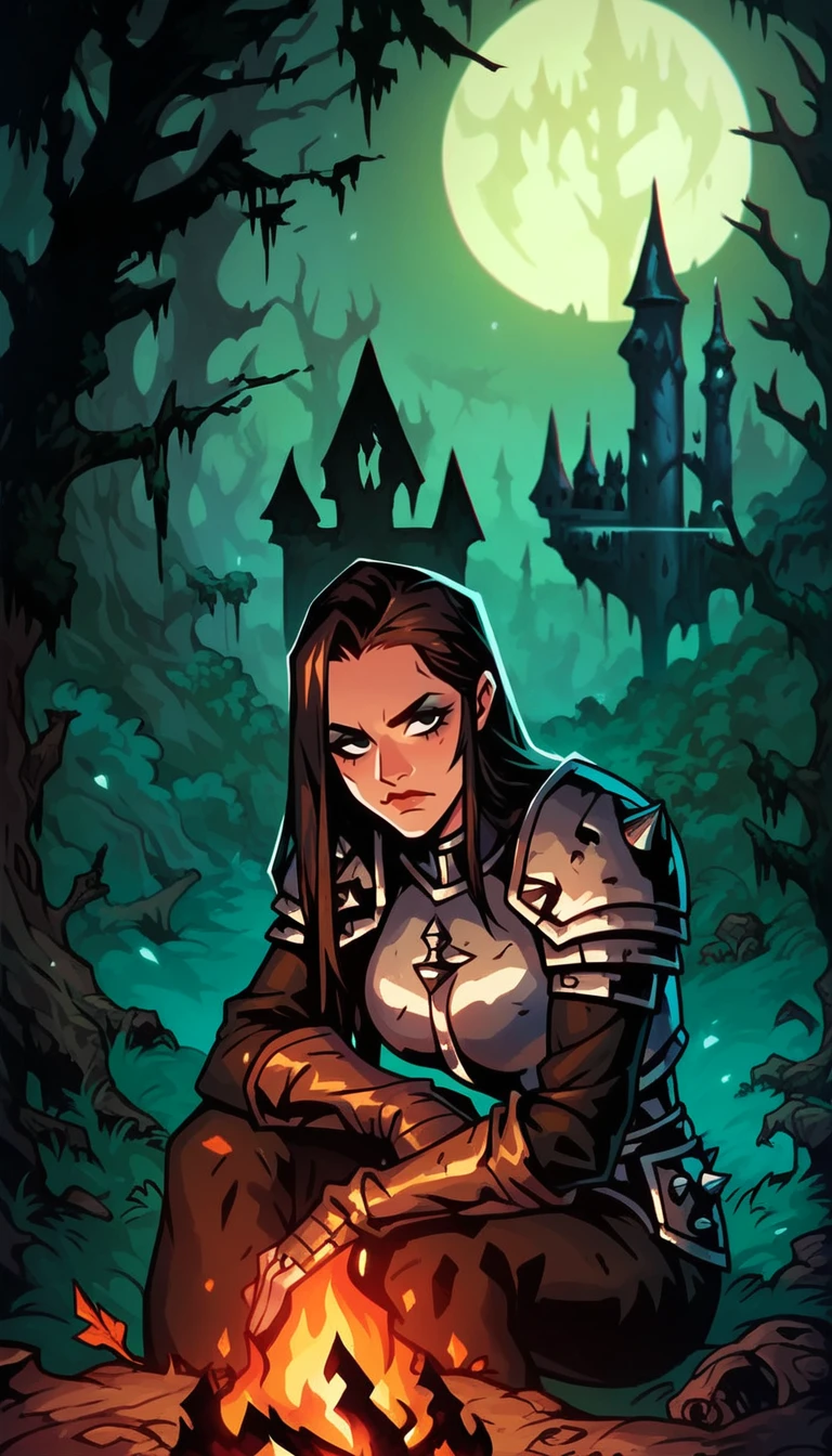 score_9, score_8_up, score_7_up,  in the woods, dark castle, castle, magical forest,  dark woods, night, 1 girl, leather armor, barbarian, temple, long hair,  detailed eyes,slim and fit, adult female, dynamic pose,  camp fire,  solo focus, resting, detailed face, 
 <lora:Darkest_Dungeon_2_Style (1):0.8> , dd2