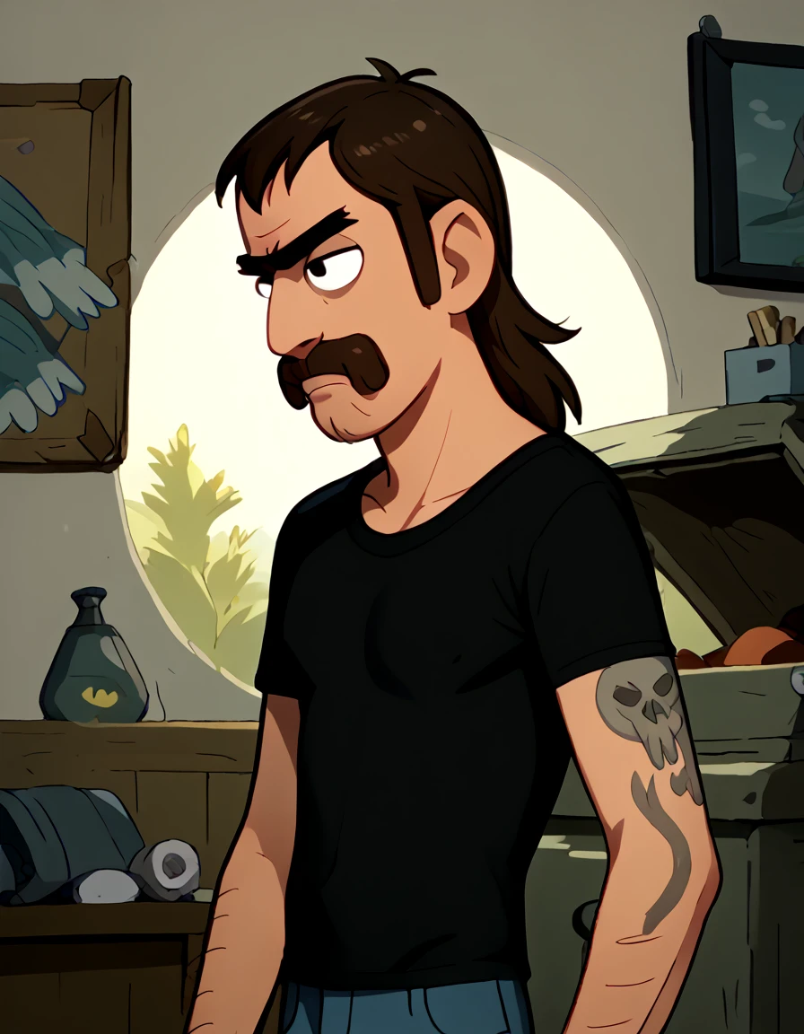 <lora:Mel_Sumouski_-__Clarence:1.25> 1boy, brown hair, mullet, arm tattoo, body hair, black shirt, short sleeves, horseshoe moustache, facial hair, black eyes, blue jeans, hole in pants, portrait, looking at viewer, looking to the side, side viewer, profile view, source_cartoon, score_9, score_8_up, score_7_up,