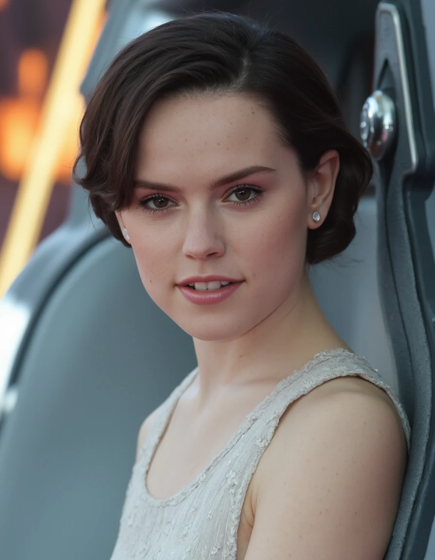 Mid-shot portrait of a beautiful woman daisy ridley  in an hi tech spaceship As Princess Leia from the Star Wars saga   <lora:daisy_ridley_flux_lora_v1:1>