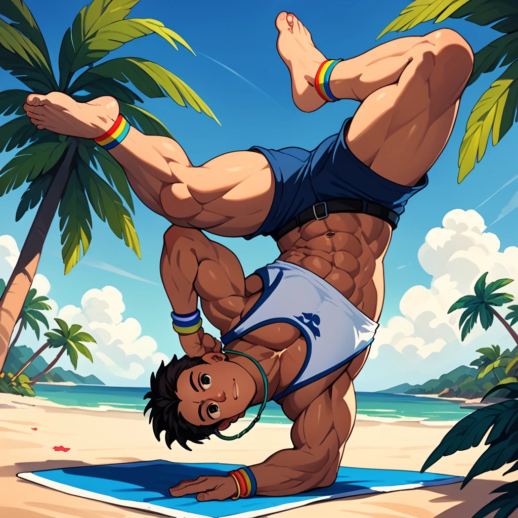 score_9, score_8_up, score_7_up, vibrant color, 1boy, <lora:bdancepxl:1>, bdancepxl, doing a handstand, one-handed, breakdance pose, motion, beach, shorts, spread legs, looking at viewer, upside down, feet off the ground, muscular, tropical