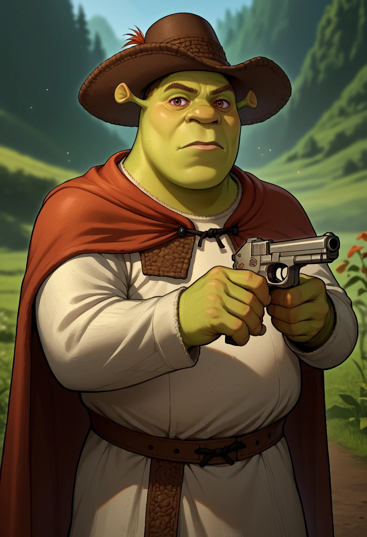 score_9, score_8_up,score_7_up, source_anime, shrek, green skin,male focus,brown eyes, <lora:Shrek_XLPD:0.8>,
rapier, feathered hat, cloak, musketeer tabard, pistol,