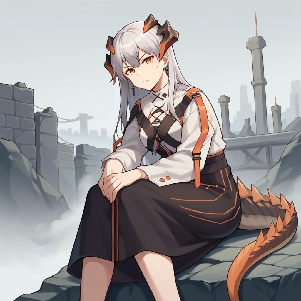 score_9_up, score_8_up, score_7_up, source_anime, masterpiece, best quality, 1girl, solo, Saria_Ark, Sar_Def, grey sky, mist, fog, ruins, sitting on rock, bend knee, hugging own knee, serious, looking at you, dragon tail, dragon horns, white hair, orange eyes, saria_(arknights), white jacket, chest strap, x strap, black strap, orange strap, white collar, choker, long skirt, black skirt, high-waist skirt, wrist cuffs, long sleeves, earrings, mature body, dynamic cowboy shot, outdoors, ruined cityscape background