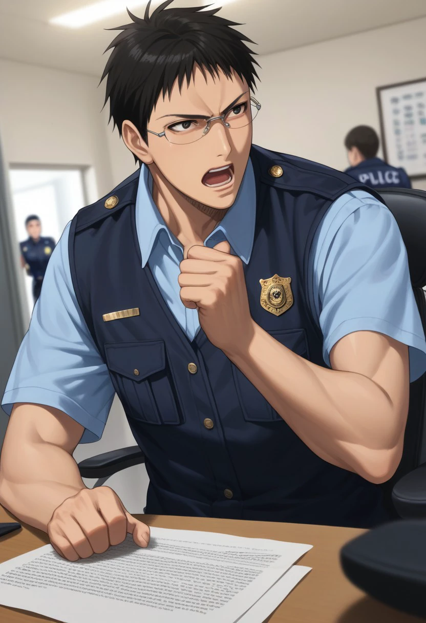 score_9, score_8_up, score_7_up, source_anime, rating_safe, fist, table, HyugaKB, (black Hyuga hair), grey Hyuga glasses, black Hyuga eyes, 1boy, male focus, vest, police officer uniform, captain of the police force, mouth open, serious, looking at another, sitting, solo focus, hands with five fingers, blurry indoor police station, office chair, dutch angle, realistic shading,