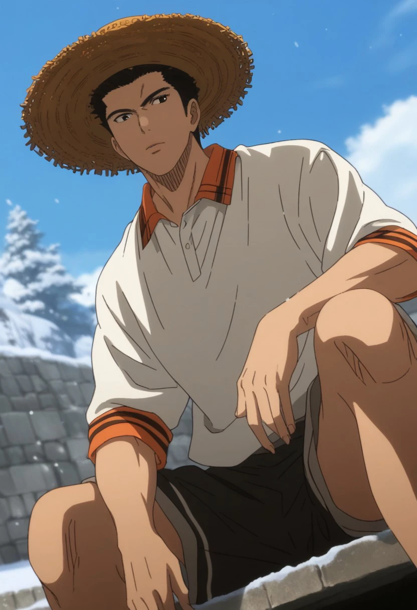 score_9, score_8_up, score_7_up, source_anime, rating_safe, snow, TaisukeKB, black Taisuke hair, black Taisuke eyes, 1boy, male focus, anime screencap, straw hat, plain shirt, plain shorts, farmer outfit, sitting, blurry outdoor snowfields, stone, hands with five fingers, dutch angle, from below, realistic shading,