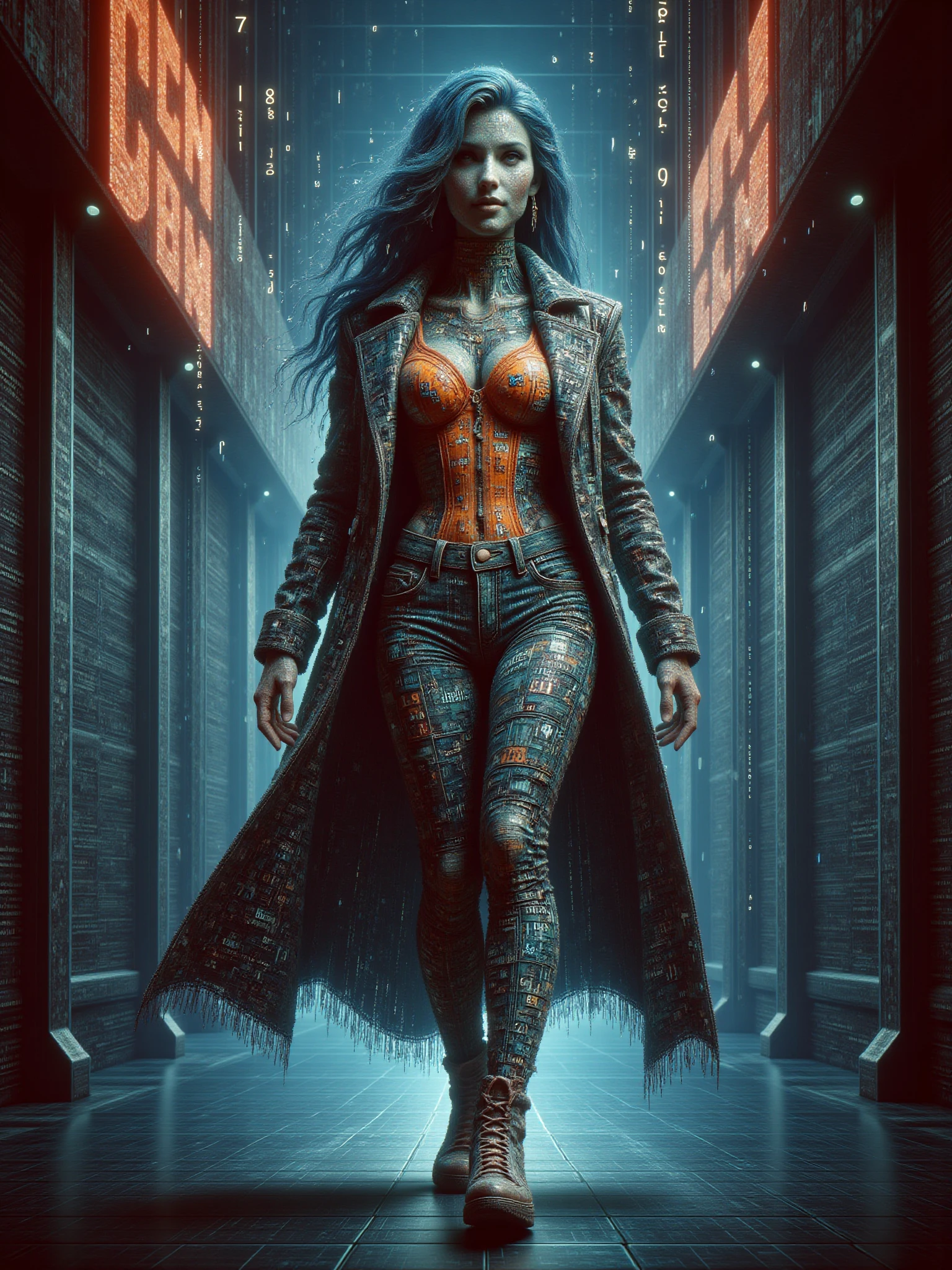 woman wearing a orange top with black coat walking through cyberpunk alley, floating orange numbers and letters raining down, smile, night, rain, haze, neon sign, mad-dtstrm, (masterpiece:1.2), best quality <lora:Neon_Cyberpunk_Datastream_FLUX:0.8>