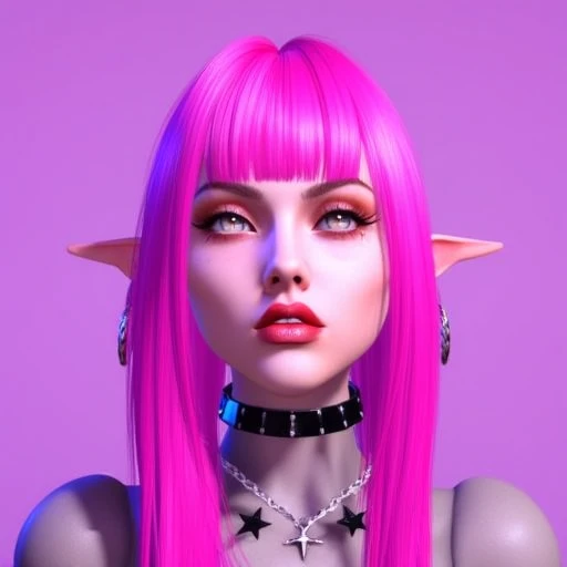 vdffflx, 1girl, solo, pointy ears, spikes, pink hair, collar, looking at viewer, portrait, bangs, spiked collar, long hair, blunt bangs, tears, choker, crying, makeup, lips, crying with eyes open