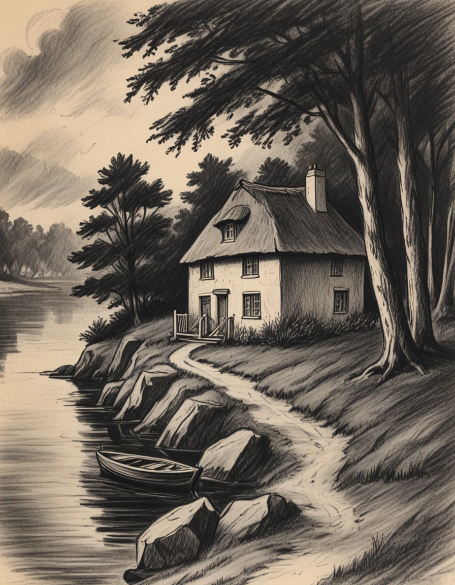 novuschroma71 cottage by the water  charcoal drawing <lora:novuschroma71 style:1>, <lora:sdxl_lightning_8step_lora:1>