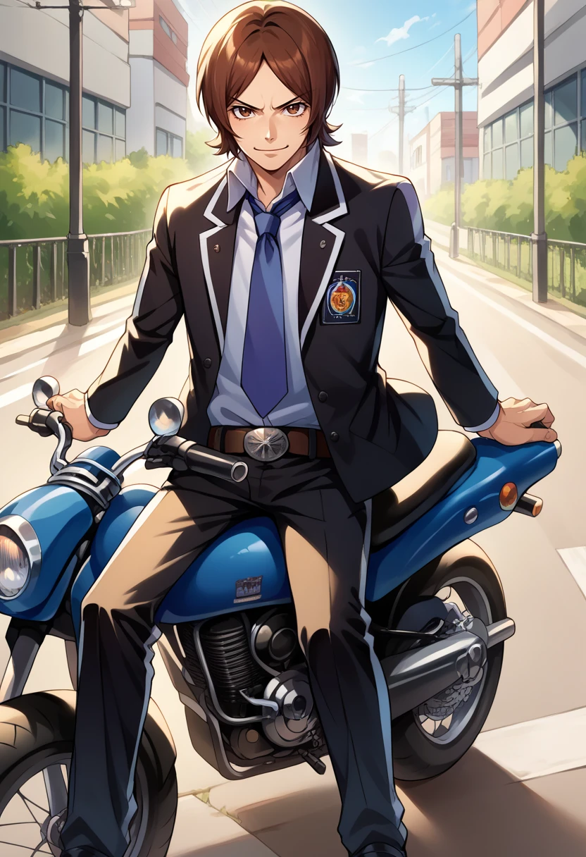 score_9, score_8_up, score_7_up, source_anime, BREAK, solo, 1boy, smirk,  looking at viewer, <lora:Tatsuya-pdxl_Fp:1>, tatsuyais, brown hair, brown eyes, short hair, school uniform, collared shirt, blue necktie, black jacket, black pants, belt, motorcycle, on motorcycle, sitting,