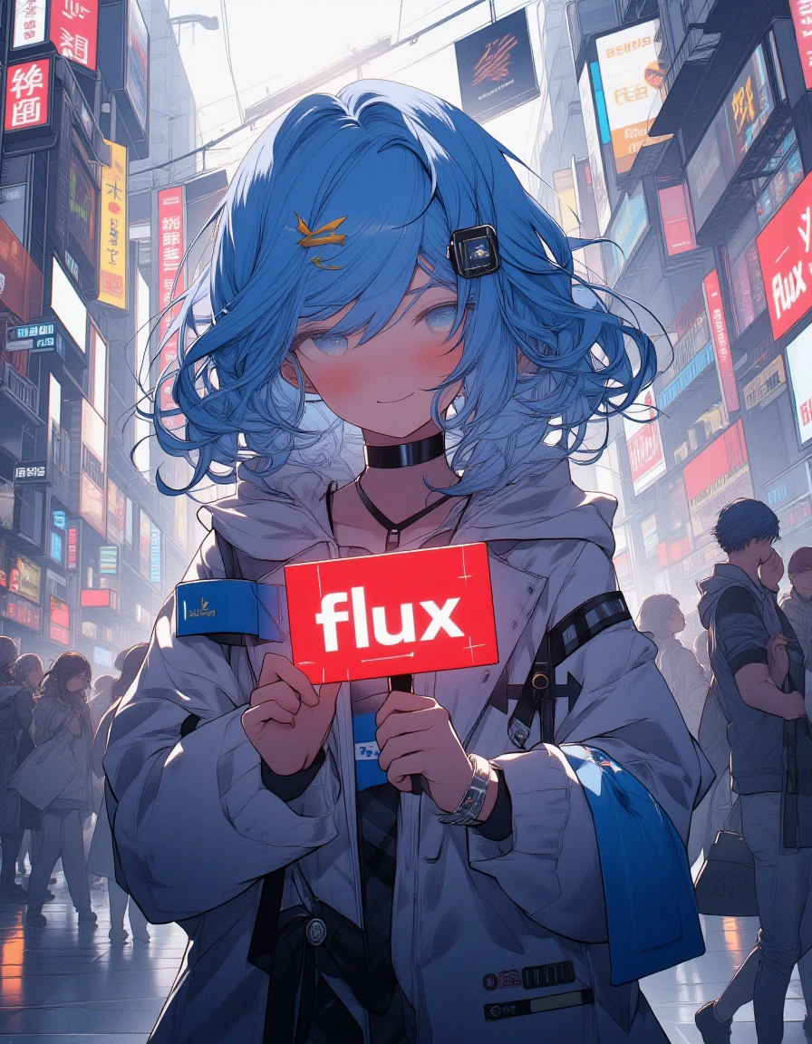 anime girl with vibrant blue hair is looking directly at the viewer with a gentle expression. She stands in the middle of a lively urban street filled with tall buildings, neon signs, and bustling activity. In her hands, she holds a red sign with the word 'flux' written in bold white letters. Her hair flows softly in the breeze, and her bright eyes reflect the glow of the city lights around her. The scene is vibrant yet slightly mysterious, with cars passing by and pedestrians moving in the background. The contrast between the bustling city environment and the calm expression of the girl creates an intriguing and captivating atmosphere.