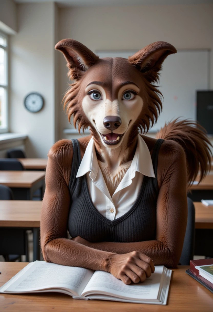 A beautiful, slender furry female wolf girl is wearing a schoolgirl outfit. She is sitting in a classroom, next to her books. She is looking at the viewer happily with an open mouth exposing her fangs. She has a wolf tail. She has dog paws instead of hands.