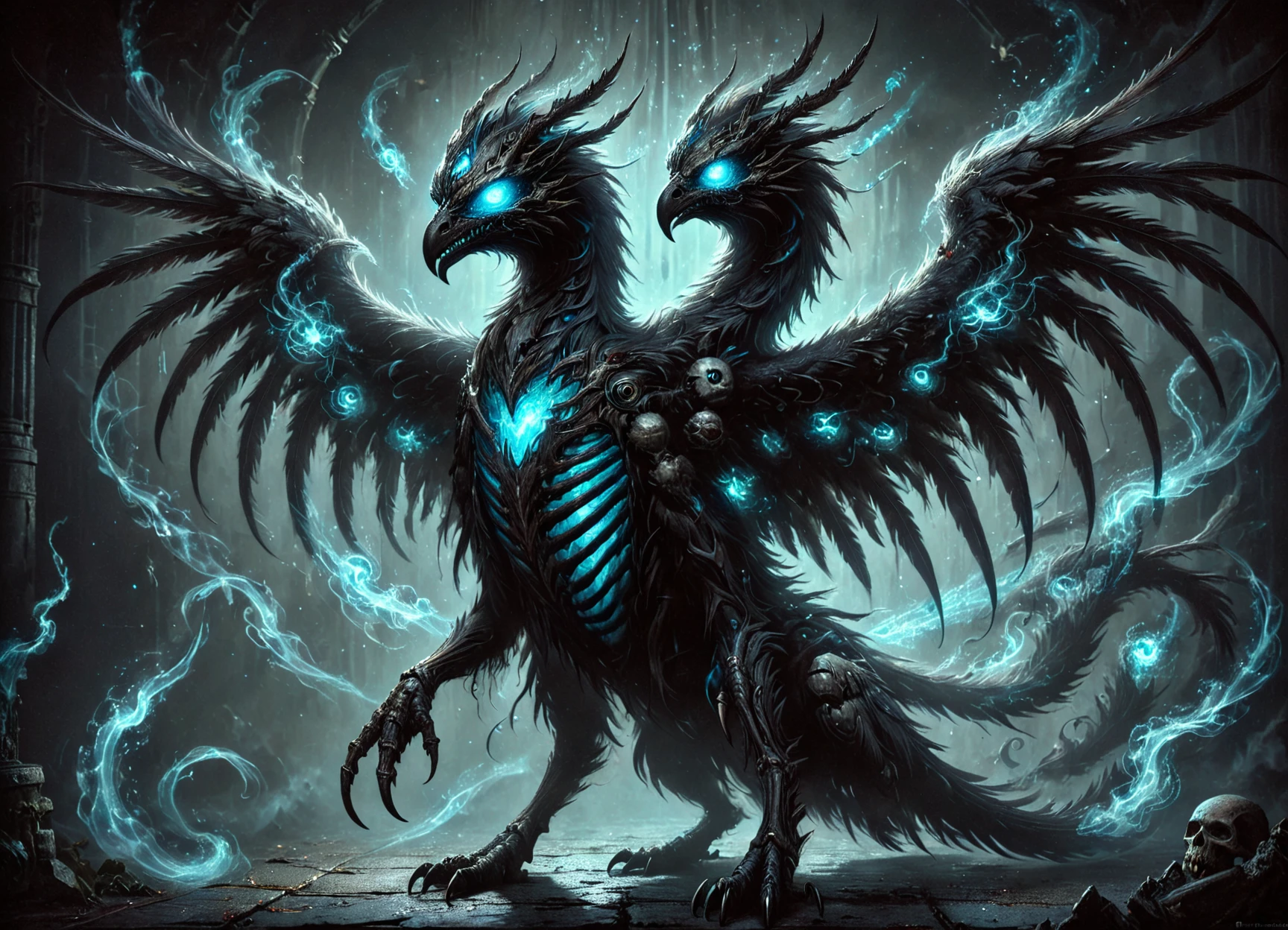 DonMN3cr0m4nc4rL41rXL, gigantic avian bioluminescent luxurious anthropomorphic sentient being,  multi-jointed appendages,  long-tailed, slick skin,    griffin wings,  <lora:DonMN3cr0m4nc4rL41rXL:1>