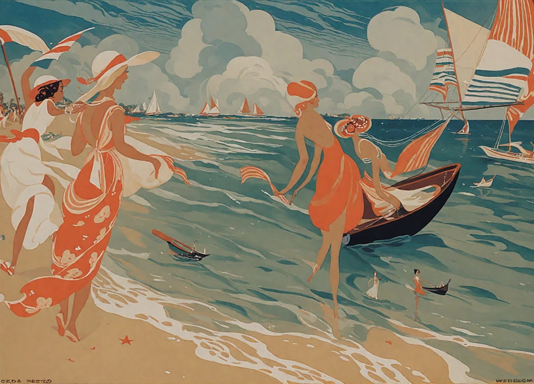 <lora:gerda-wegener_pony_v1:1> 'woman' by wegener gerda in 1920, 
illustration \(genre\),art deco \(style\)     ,  two woman waling along a beach with sailing boats visible in the distance, score_9, score_6_up, score_7_up