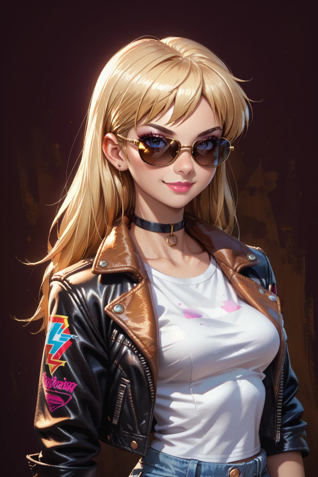 score_9, score_8_up, score_7_up, BREAK ,1girl,solo,smile,puffy lips,lipstick,source_anime,digital painting,looking at viewer,upper body
leather jacket,sunglasses,t shirt,jeans <lora:edgNadiaPony:0.7> nadia, sunglasses, choker,