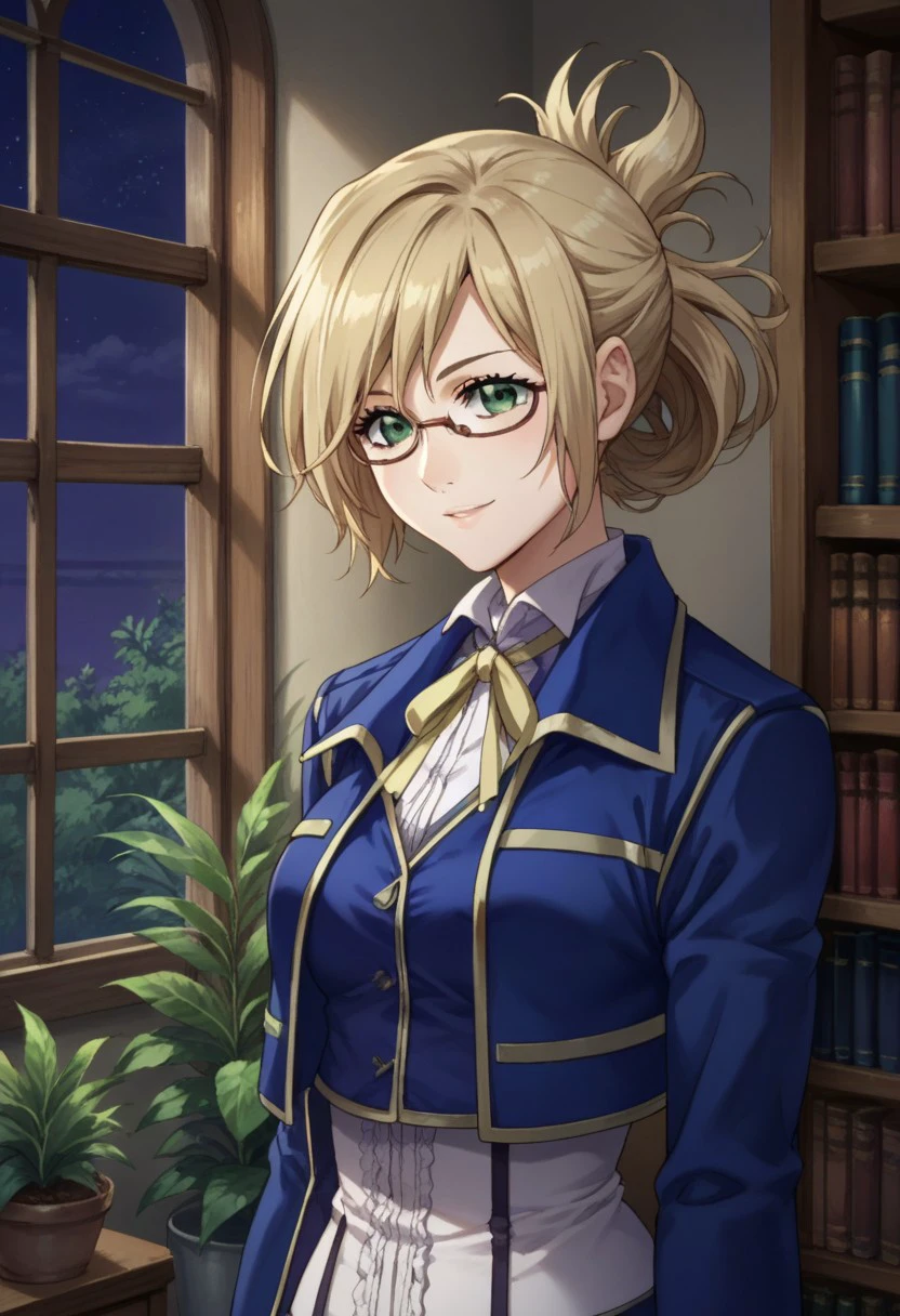 score_9, score_8_up, score_7_up, source_anime, highly detailed, 
arialin, 1girl, glasses, blonde hair, green eyes, jacket, standing, blue jacket, tegami uniform, folded ponytail, ribbon, neck ribbon, upper body. window, night, plant, books. indoor, smile