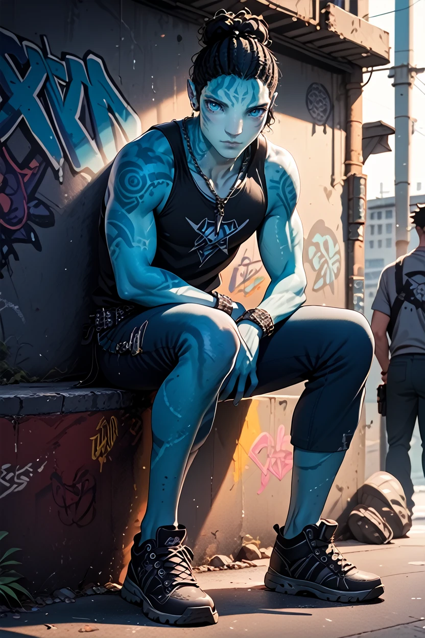 score_9, score_8_up, score_7_up, score_6_up
<lora:AvAonung:1.0>
AvAonung, 1boy, solo, black hair, blue skin, blue eyes, looking at viewer, in a gritty urban alleyway, graffiti-covered walls, edgy lighting, full body