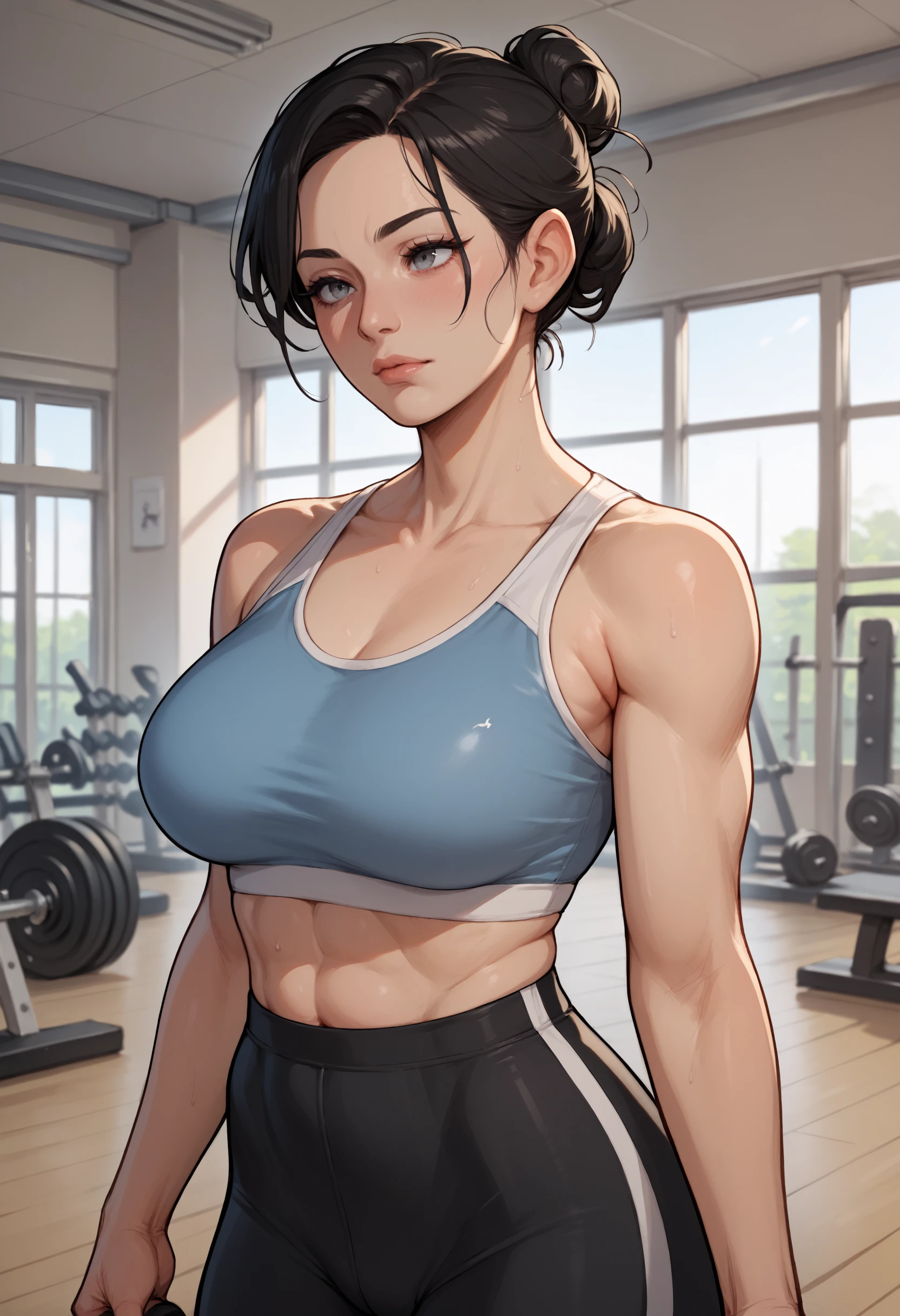 score_9, score_8_up,score_7_up, 1girl, mature female, 
black hair, single hair bun, gray eyes,
in the gym, gymnasium,