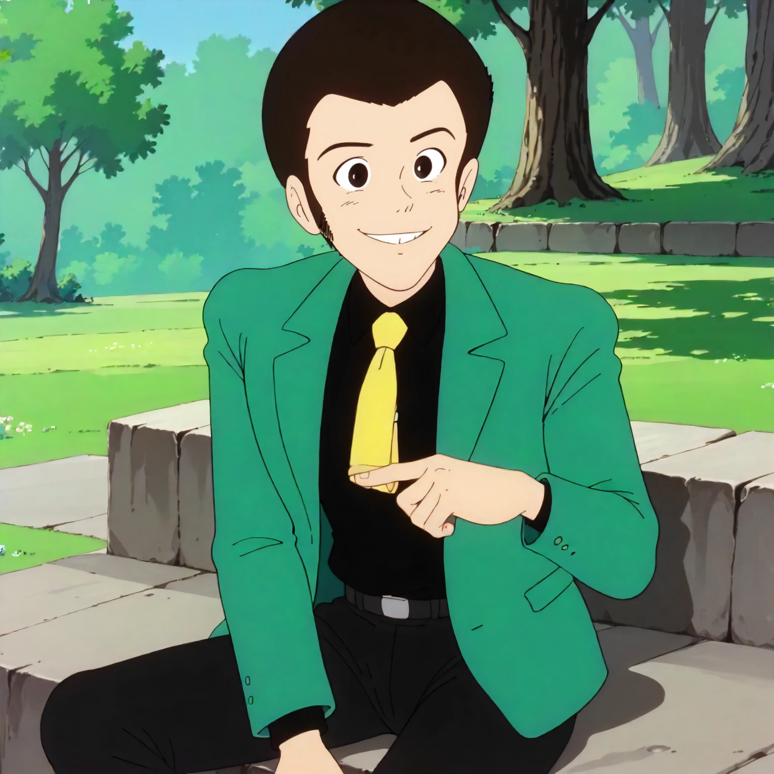 <lora:TCoC_LupinXLpony001>,
outdoors,nature,
looking at viewer,smile,
solo,
Lupin,1boy,black hair,short hair,black eyes,
green jacket,black shirt,yellow tie,open jacket,
black pants,
sitting,