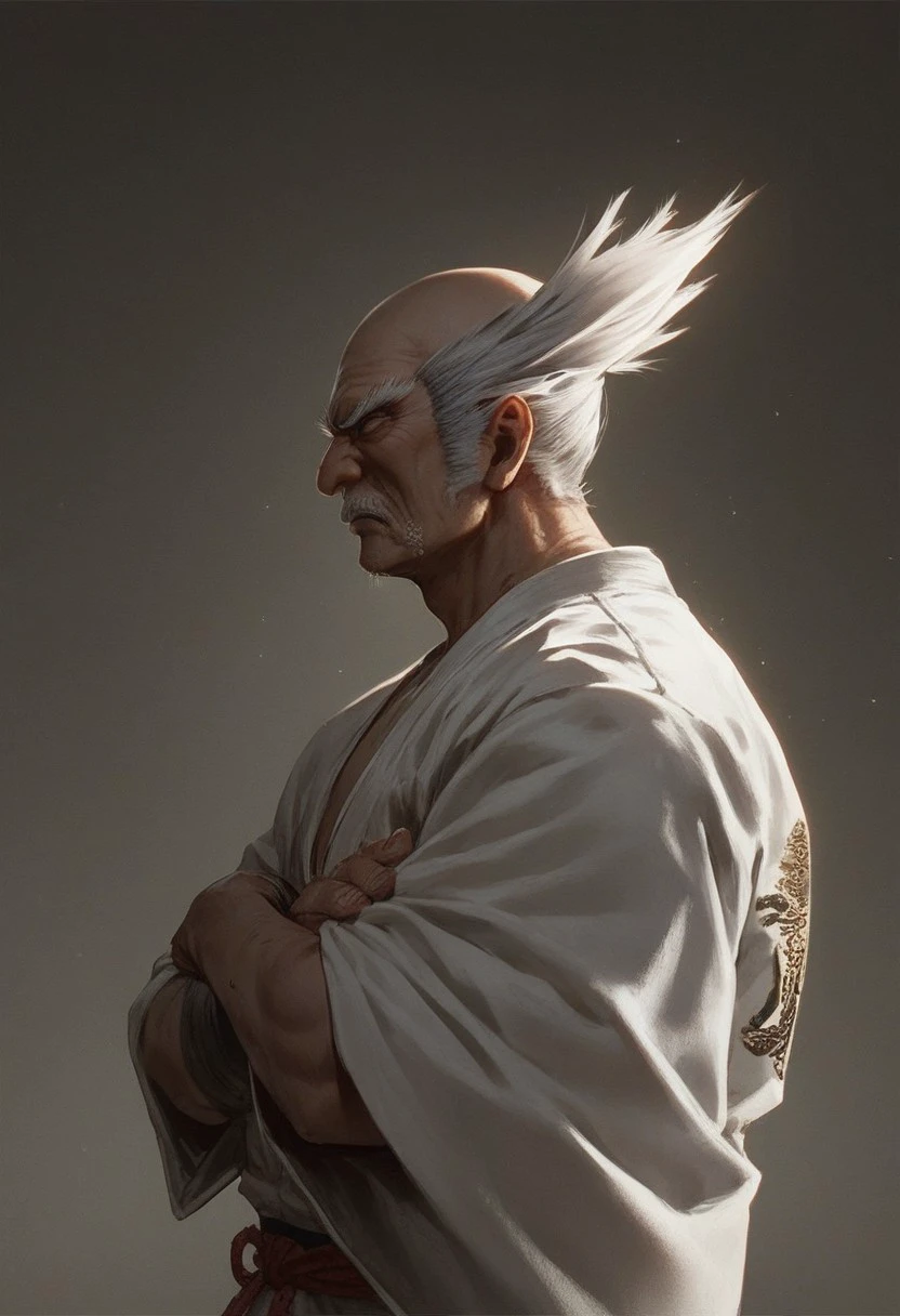 (score_9, score_8_up, score_7_up), score_6, score_5, score_4, 1 old man, heihachi, black Dougi, white hair, standing with his arms folded in an ancient shotokan dojo,