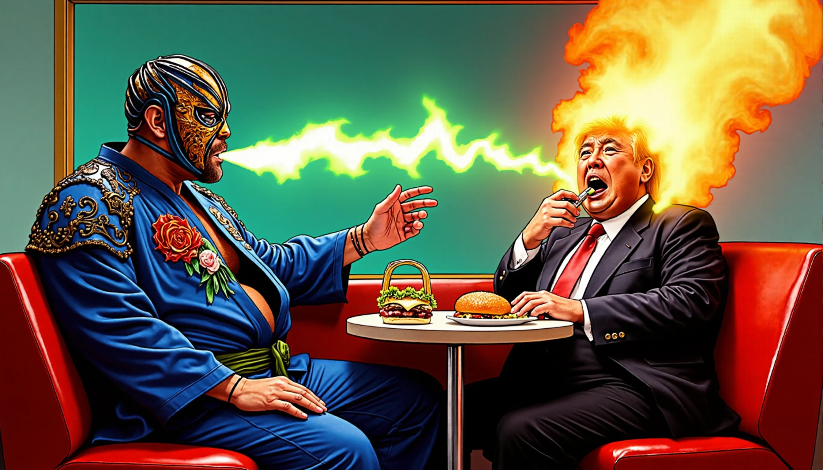 initimagecreativity: 0.4, prompt: breathtaking illustration from adult comic book presenting A man in a blue and rust mask wearing a fancy karate gi spitting green poison mist from his mouth at black suit Donald Trump melting his face while eating a Big Mac sitting in McDonald's, incinerating, gore, in a McDonald's booth. fabulous artwork. best quality, high resolution, model: flux1_devFP8110GBKijai, seed: 1416176692, steps: 25, cfgscale: 1, aspectratio: Custom, width: 2688, height: 1536, sampler: uni_pc_bh2, scheduler: beta, fluxguidancescale: 3.5, loras: 0: FluxDFaeTasticDetails, 1: MUTOHFLUX,, loraweights: 0: 0.7, 1: 0.75,, vae: ae.sft, negativeprompt: deformed, ugly, low quality, low resolution, swarm_version: 0.9.2.1, date: 2024-08-16, presets_used: 0: mre/mre-comic,, generation_time: 1.97 (prep) and 47.41 (gen) seconds,
