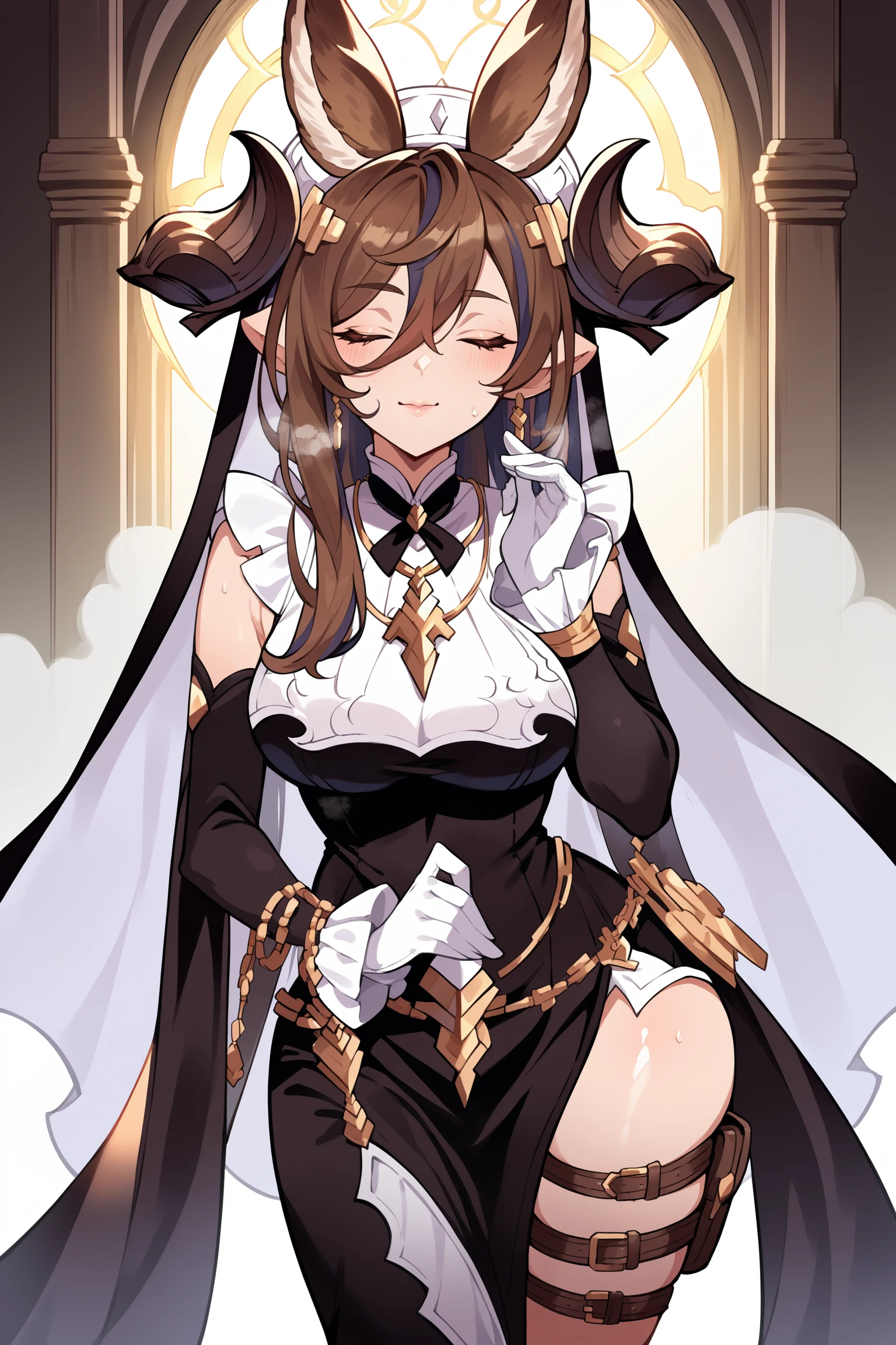 score_9, score_8_up, score_7_up, , rating_general ,1girl , multicolored hair, long hair, horn, animal ears, pointy ears, closed eyes, hair between eyes, habit, hair ornament, gold necklace, frills, gold trim, sleeveless dress, detached sleeves, white gloves, multiple belt, side slit, asymmetrical legwear, thigh pouch, thigh straps, indoors,  source_anime,  <lora:GalleonPDCAMEq2v1 GBF:1>, cowboy shot, abstract, spotlight, naughty face, alluring,  shiny skin, in heat, steaming body ,