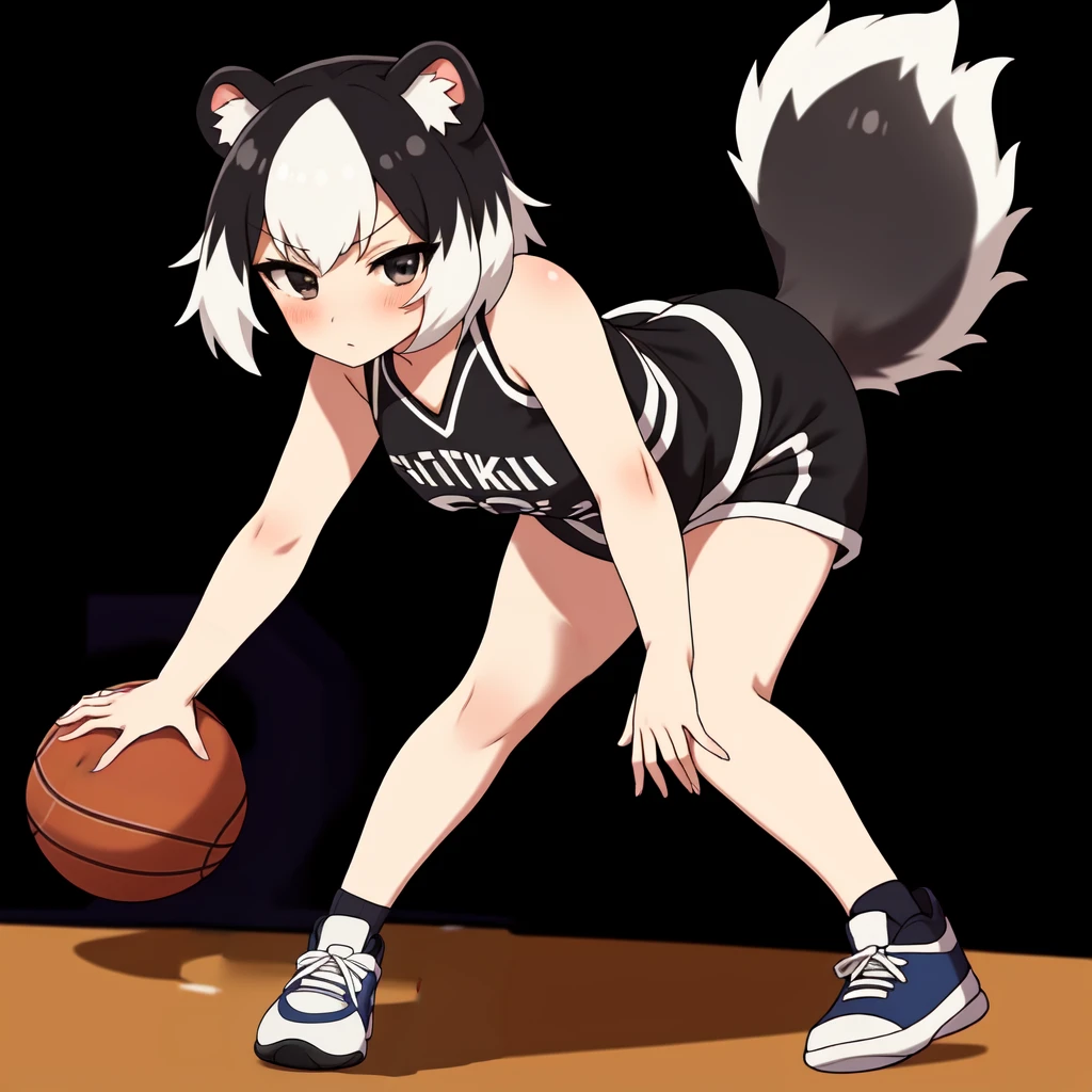 Masterpiece, best quality, Mia, good hands, from infront, (bastketball:1.5), basketball shoes, black shoes, standing, serious, basketball court,  looking at viewer, (skunk tail:1.2), blushing, black shirt, gray eyes, skunk ears, black and white hair, thighighs, black shorts, <lora:Mia:.7>  <lora:goodhands_Beta_Gtonero:.7>