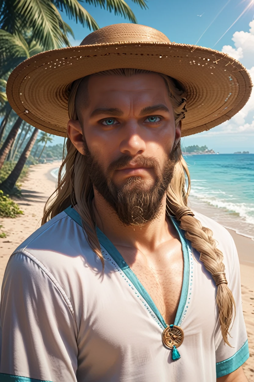 score_9, score_8_up, score_7_up, score_6_up
<lora:ACMEivor:1.0>
ACMEivor, 1boy, blonde hair, long hair, blue eyes, beard, looking at viewer, full-body portrait, male model wearing a beach hat, standing under a palm tree, turquoise water in the background, serene expression, sun rays filtering through leaves