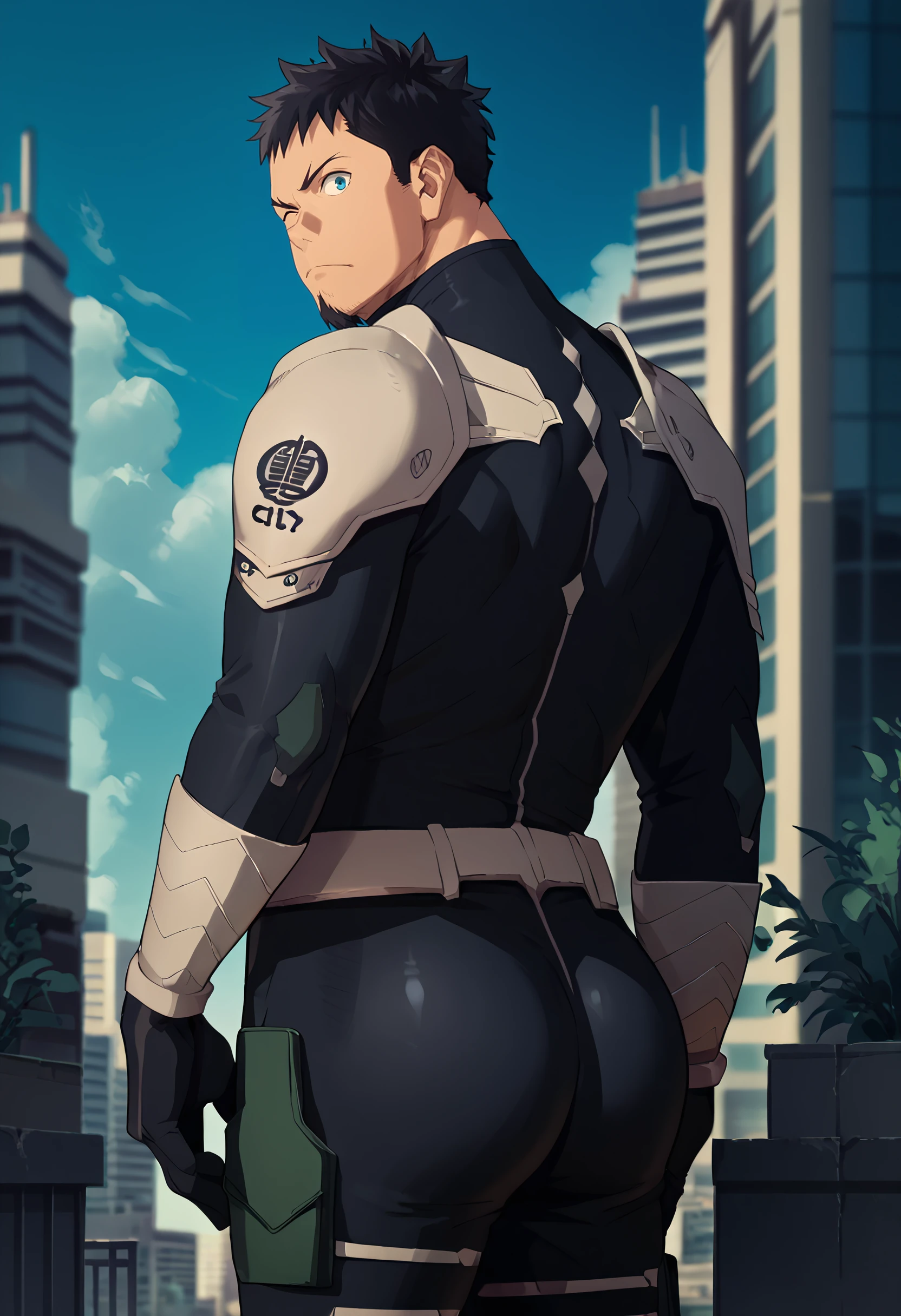 score_9, score_8_up, score_7_up, 1boy, solo, cowboy shot, looking at viewer, 
<lora:HibinoKafka_Dwnsty:1>, hibino kafka, black hair, blue eyes, mature male, bodysuit, armor, goatee, facial hair, 
relaxed, one eye closed, relaxed, from behind, back, ass,
outdoors, blue sky, city, skyscraper, city, street,